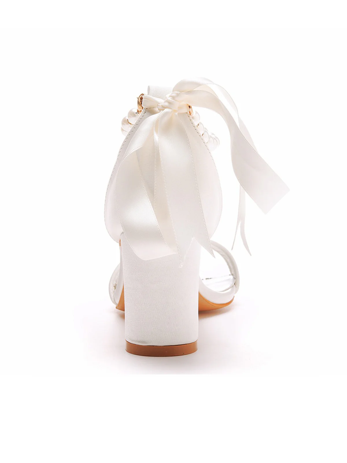 Elegant Pearl Ribbon Tie Open Toe Ankle Strap Block High Heels - Image 6
