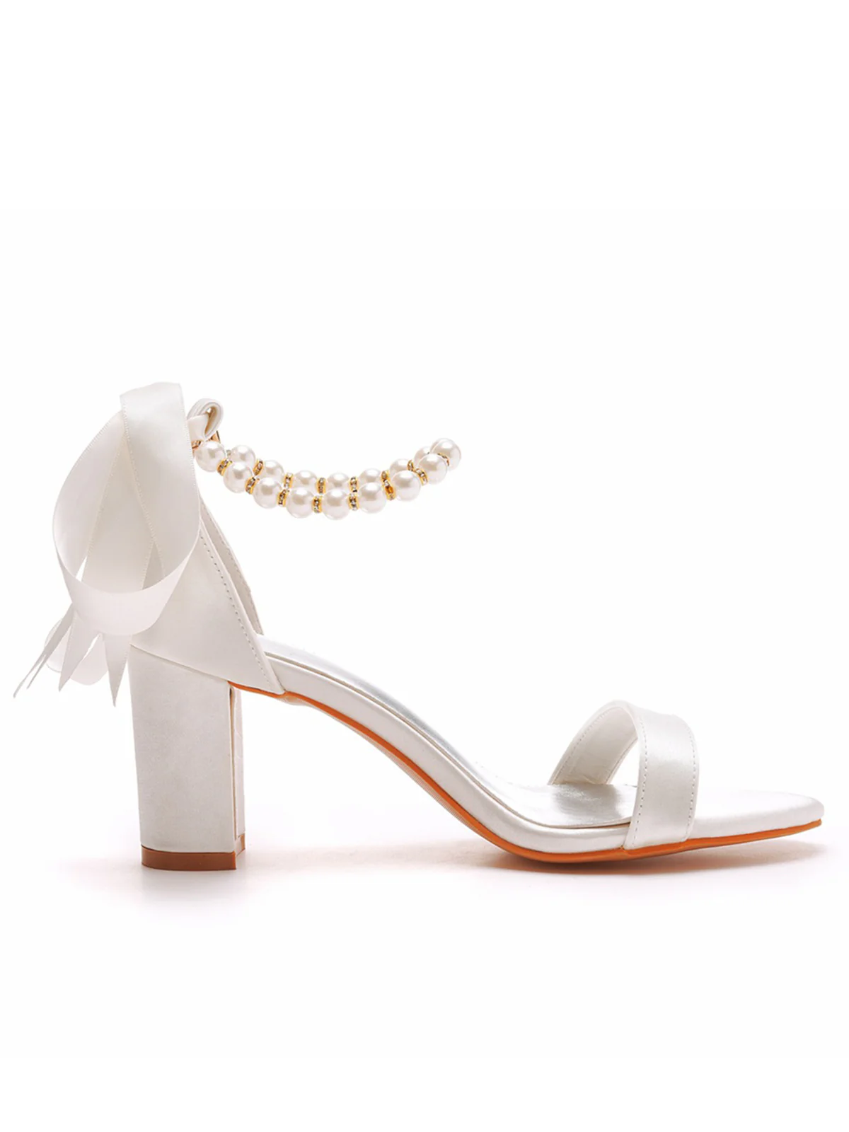 Elegant Pearl Ribbon Tie Open Toe Ankle Strap Block High Heels - Image 7