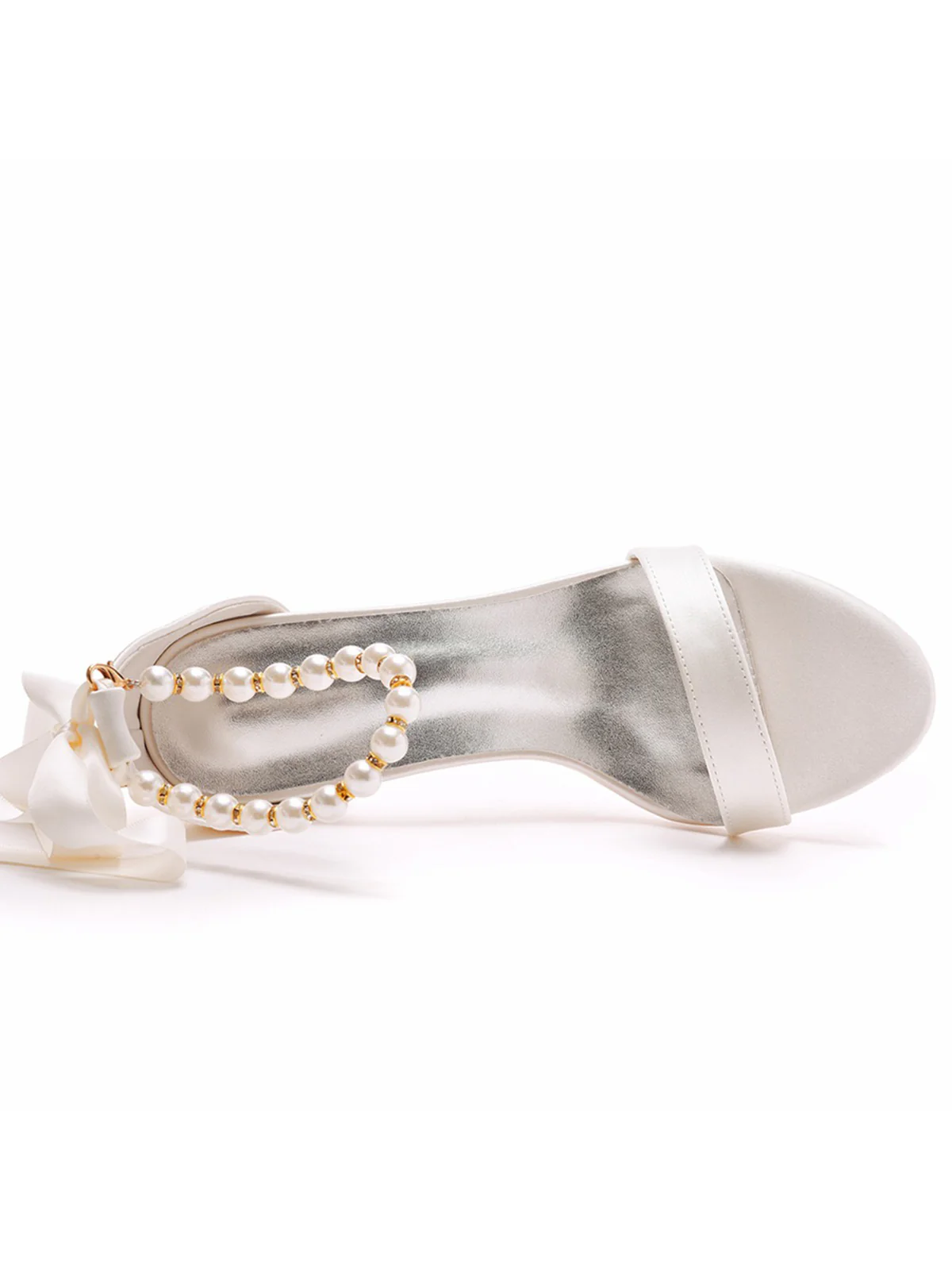 Elegant Pearl Ribbon Tie Open Toe Ankle Strap Block High Heels - Image 8