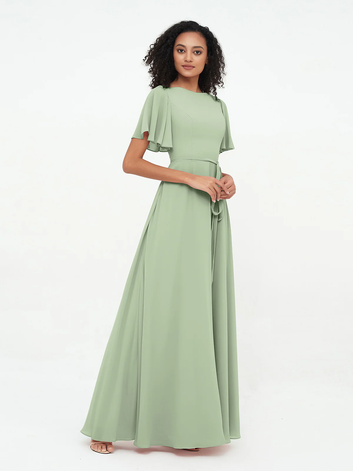 Flutter Sleeves Long Chiffon Dresses with Sash Bow Clearance - Image 3