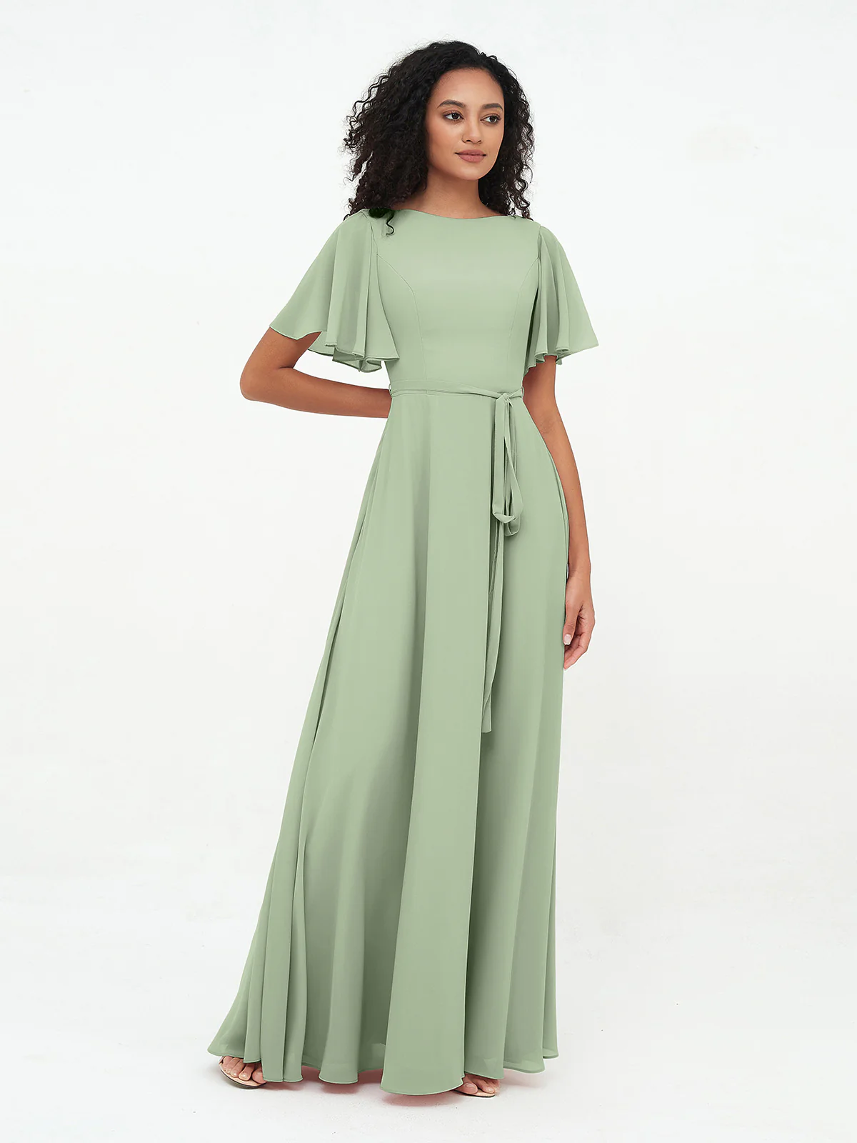 Flutter Sleeves Long Chiffon Dresses with Sash Bow Clearance - Image 4
