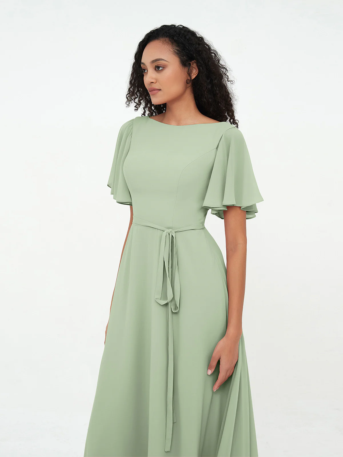 Flutter Sleeves Long Chiffon Dresses with Sash Bow Clearance - Image 5