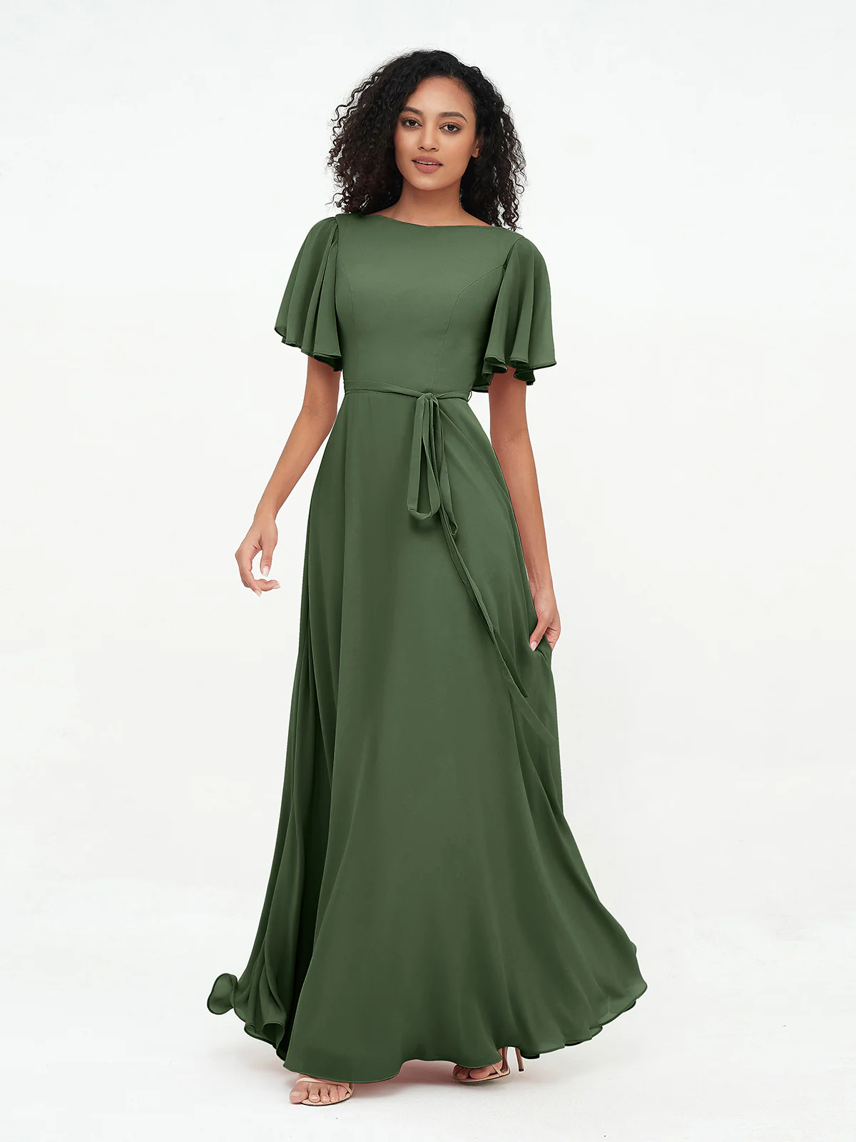 Flutter Sleeves Long Chiffon Dresses with Sash Bow Clearance - Image 6