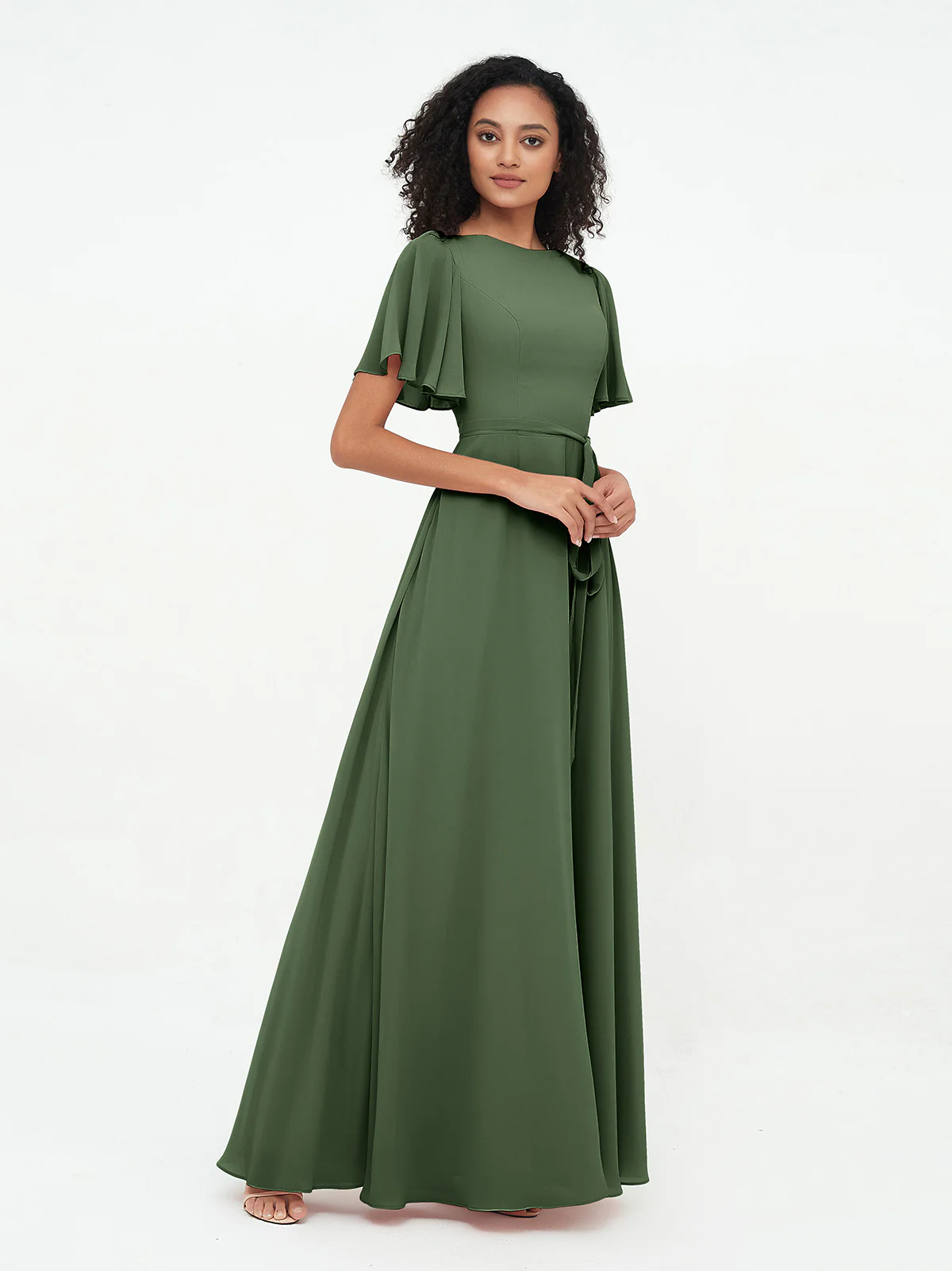 Flutter Sleeves Long Chiffon Dresses with Sash Bow Clearance - Image 8