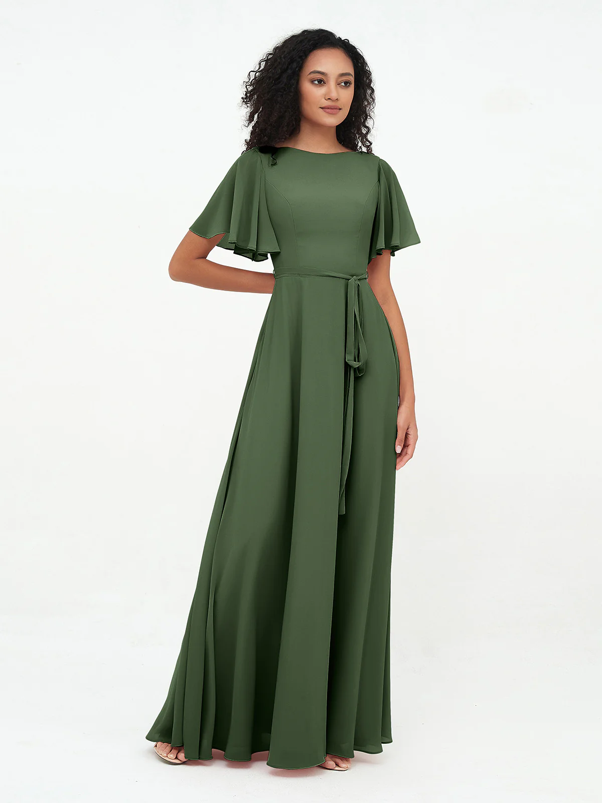 Flutter Sleeves Long Chiffon Dresses with Sash Bow Clearance - Image 9