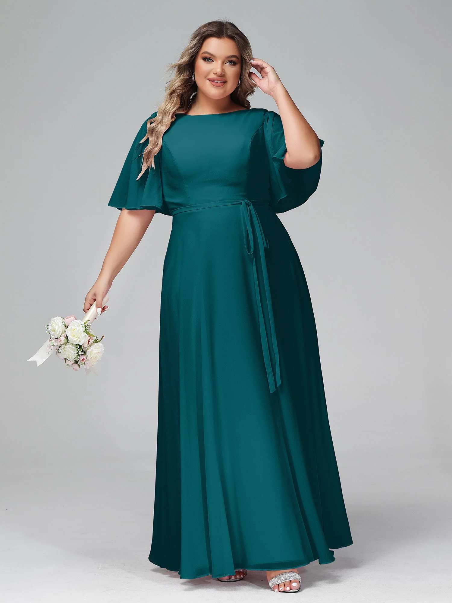 Flutter Sleeves Long Chiffon Dresses with Sash Bow Pine - Image 10