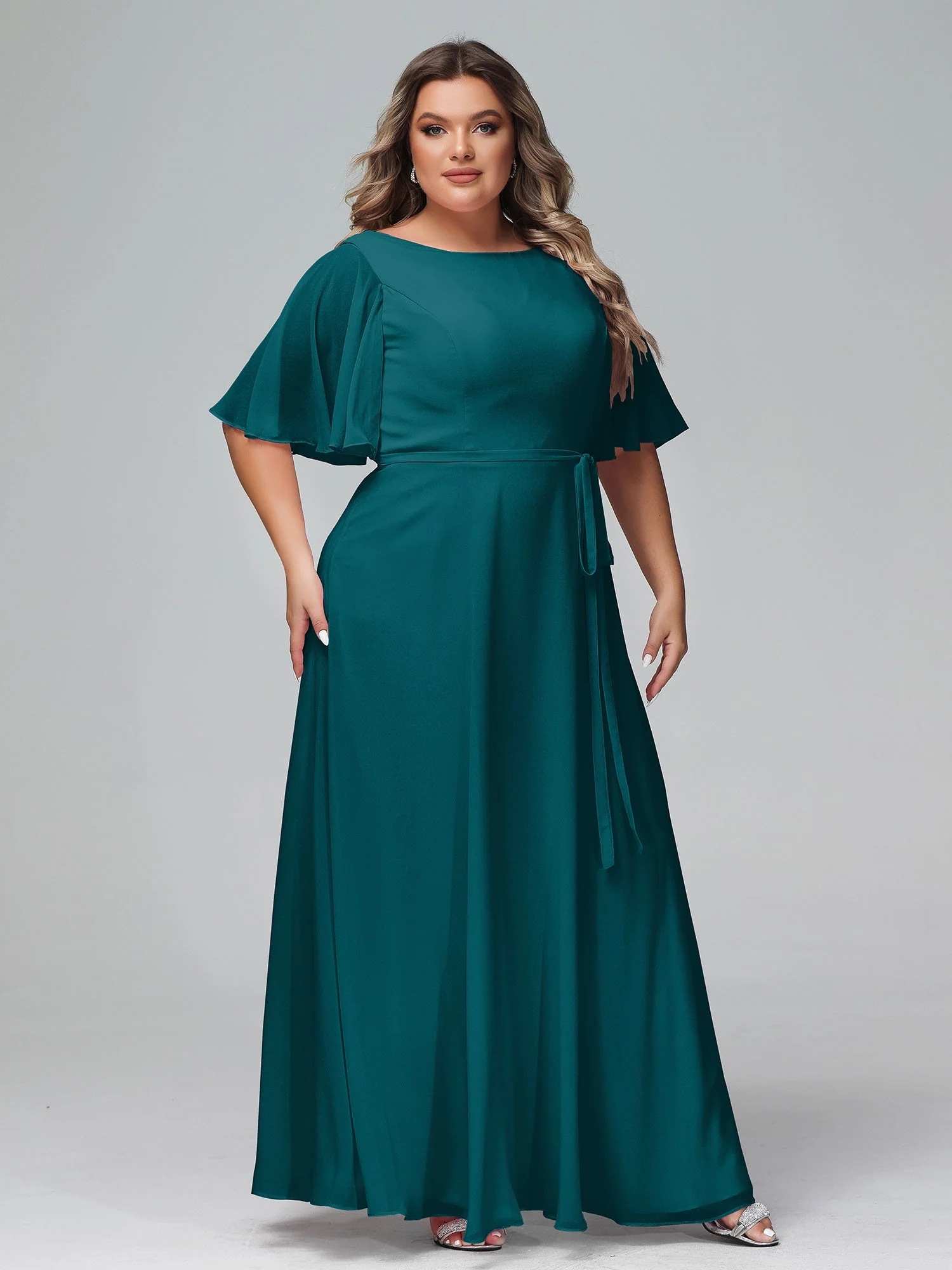 Flutter Sleeves Long Chiffon Dresses with Sash Bow Pine - Image 11