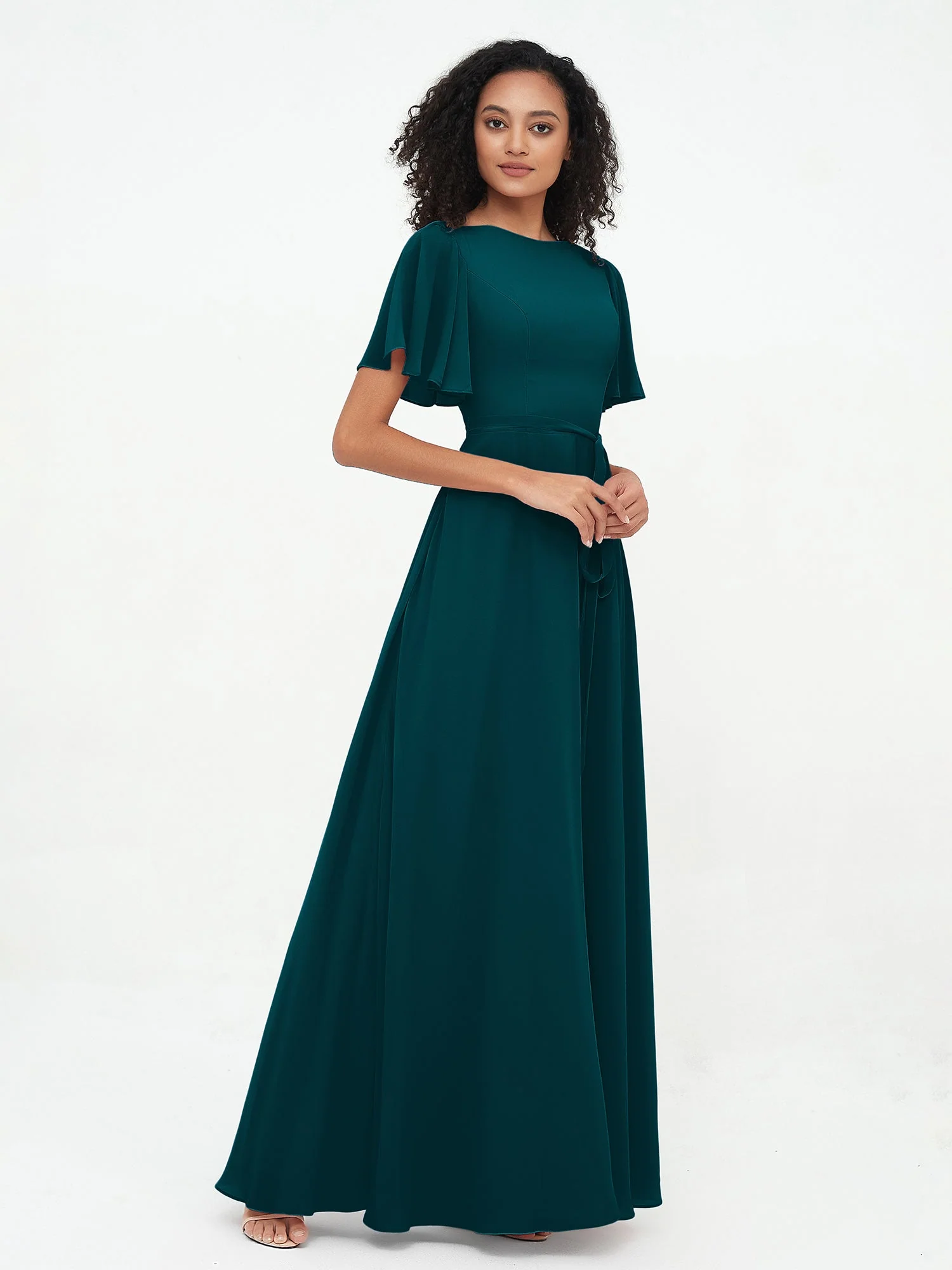 Flutter Sleeves Long Chiffon Dresses with Sash Bow Pine - Image 3