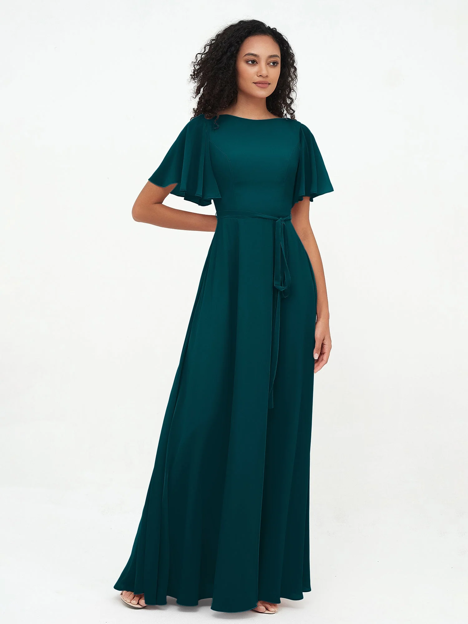 Flutter Sleeves Long Chiffon Dresses with Sash Bow Pine - Image 4