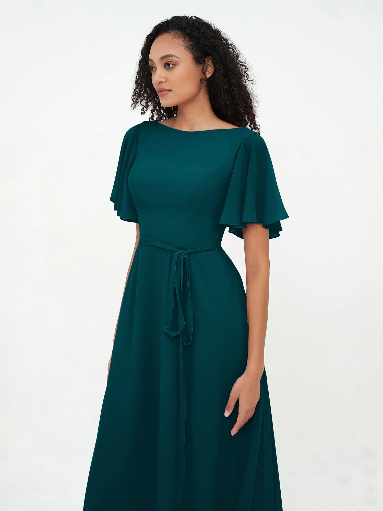 Flutter Sleeves Long Chiffon Dresses with Sash Bow Pine - Image 5