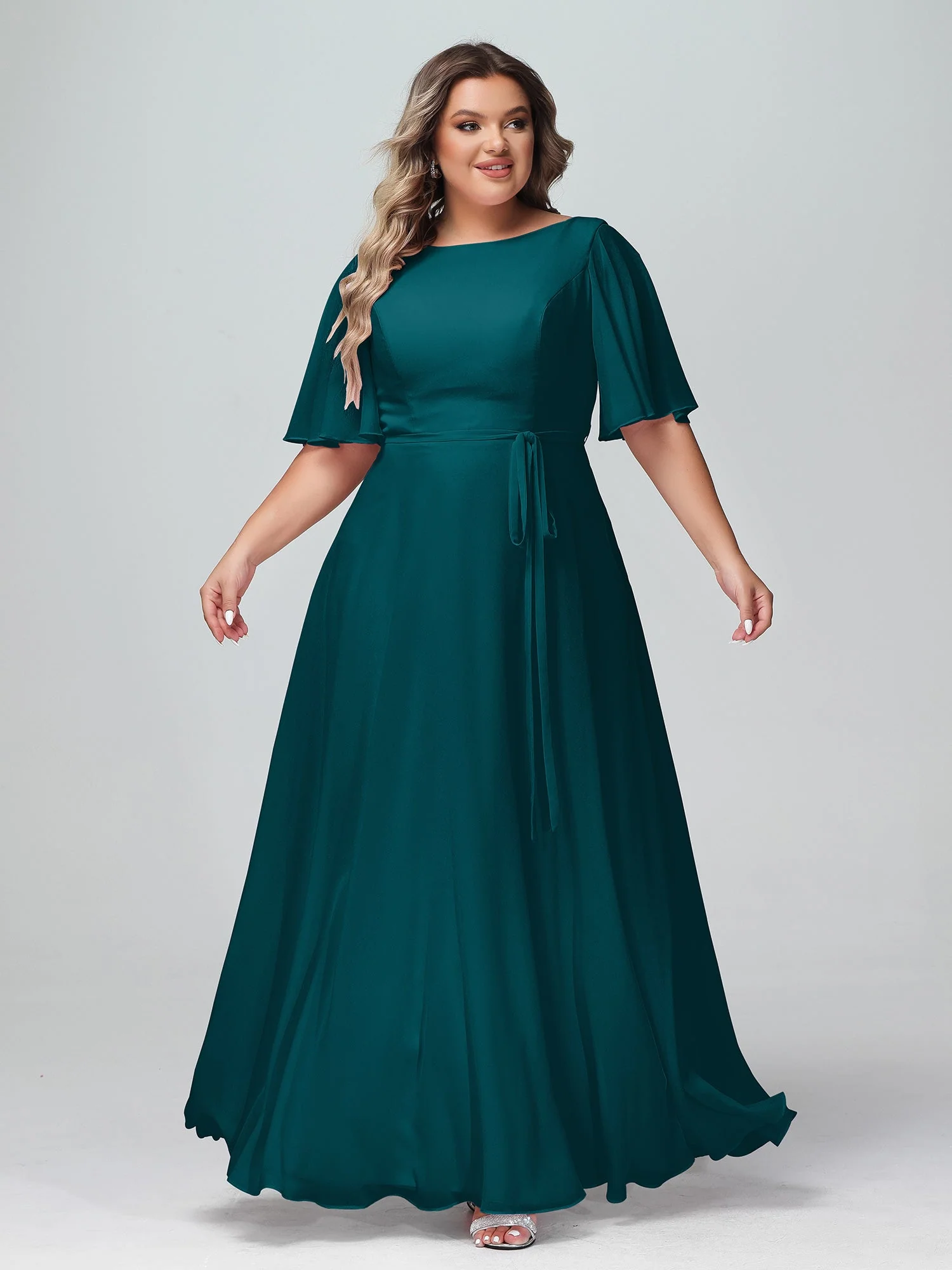 Flutter Sleeves Long Chiffon Dresses with Sash Bow Pine - Image 6