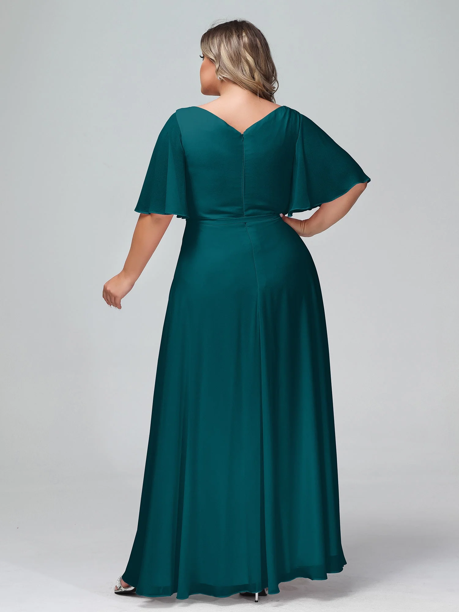 Flutter Sleeves Long Chiffon Dresses with Sash Bow Pine - Image 7