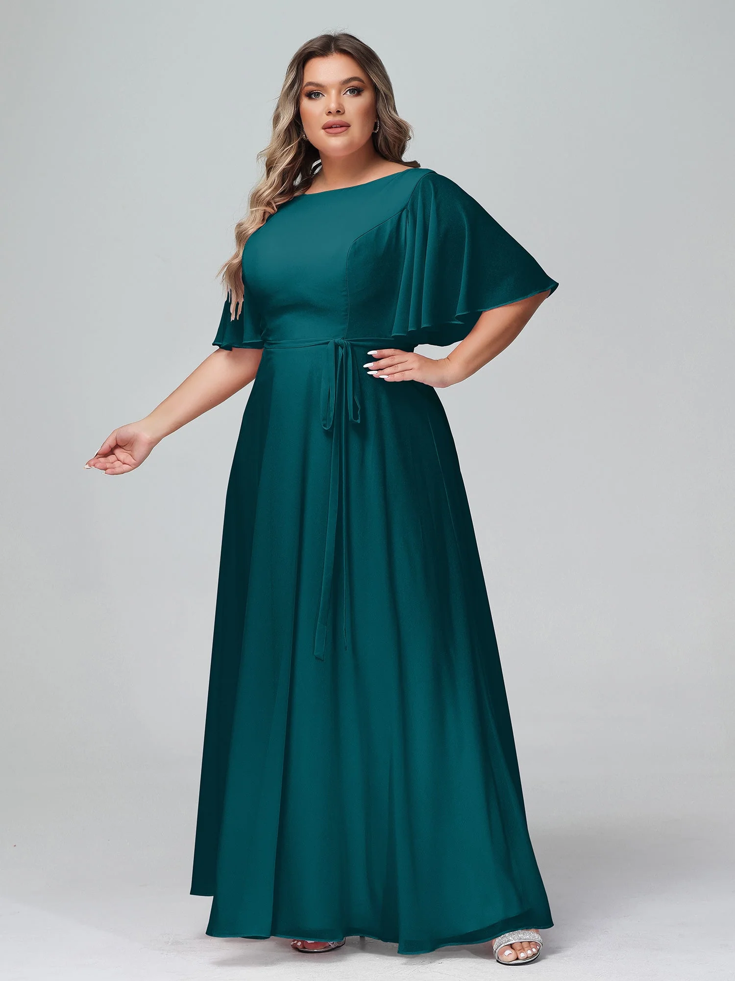 Flutter Sleeves Long Chiffon Dresses with Sash Bow Pine - Image 8