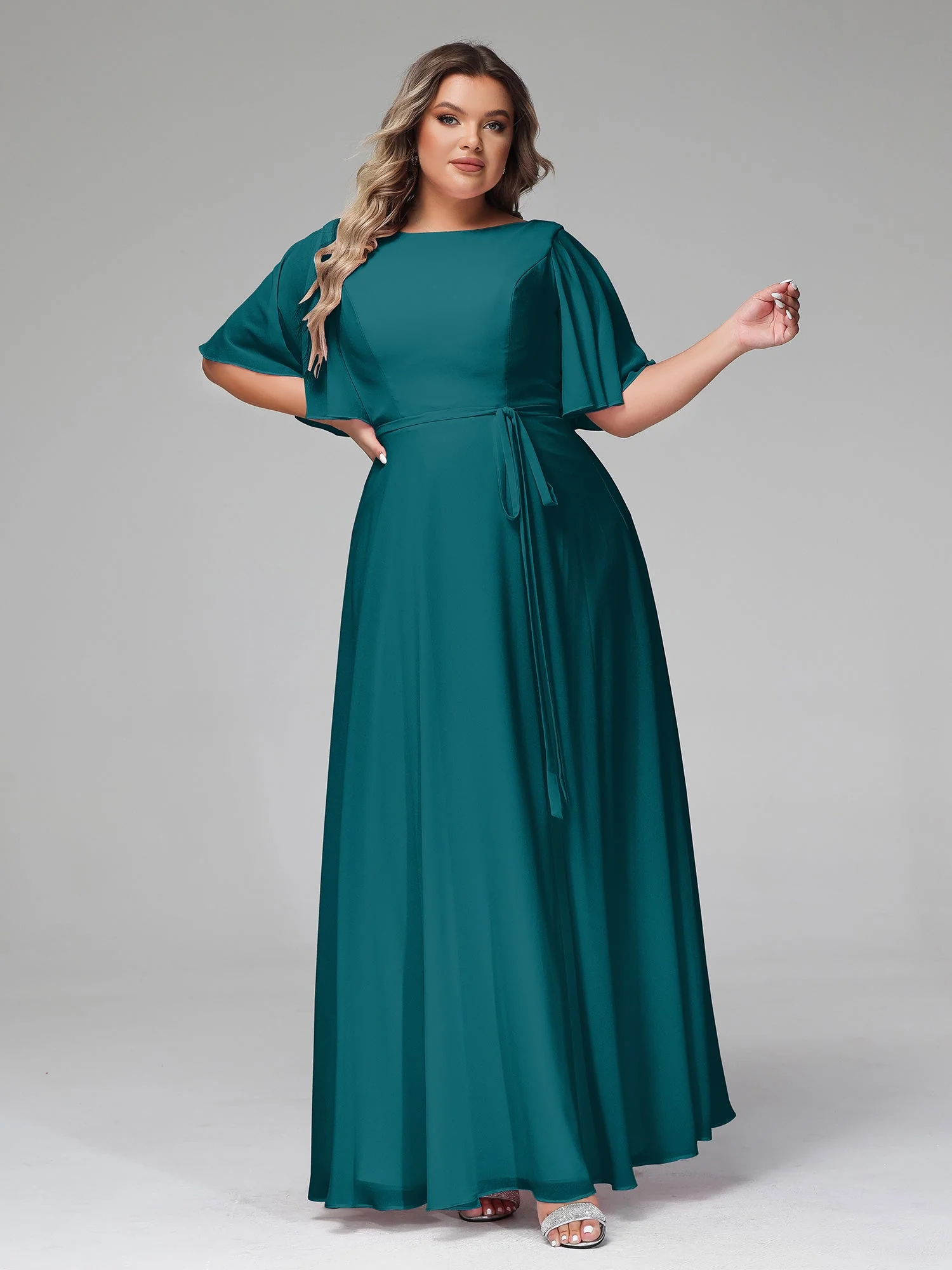Flutter Sleeves Long Chiffon Dresses with Sash Bow Pine - Image 9