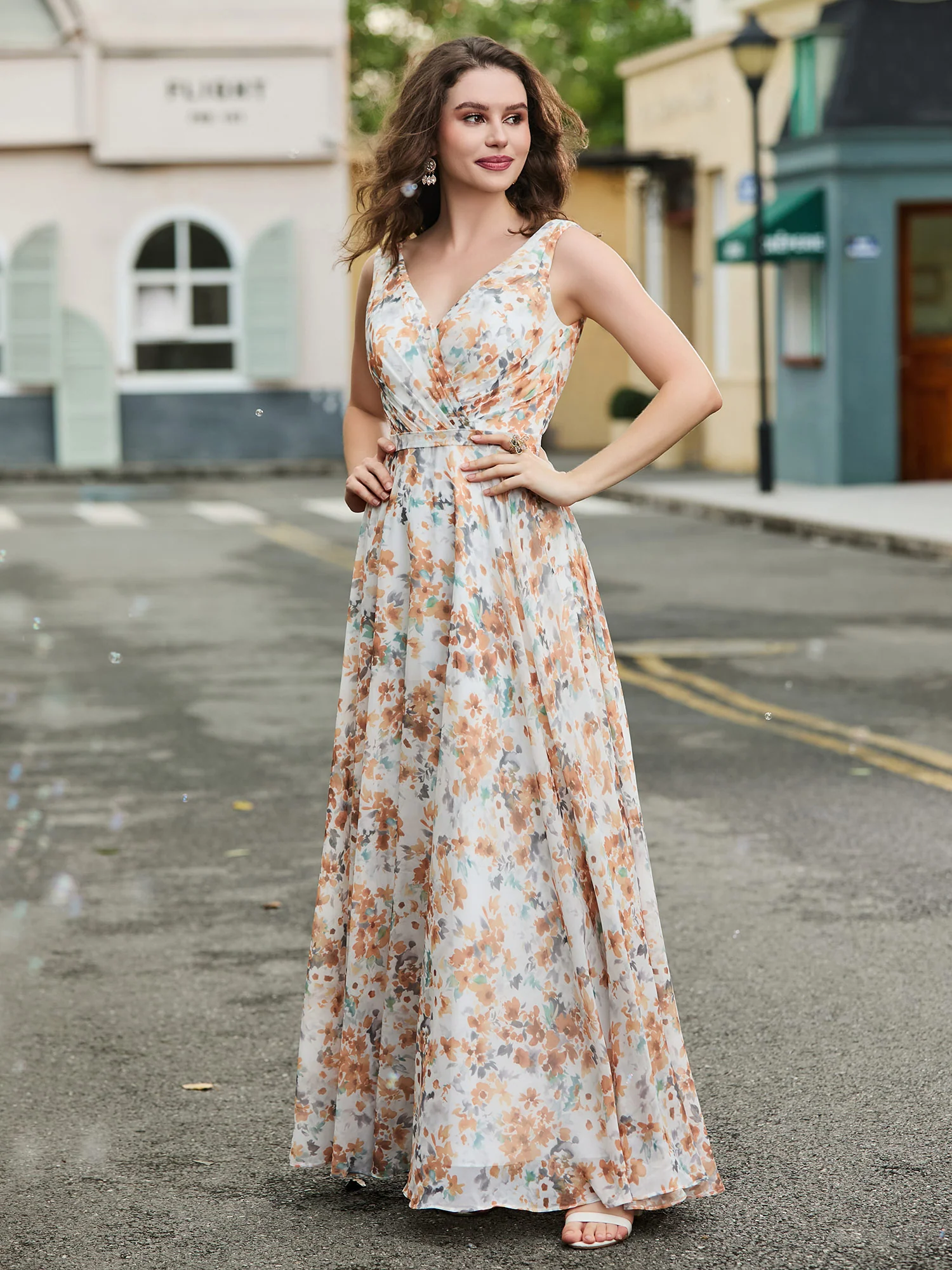 Long V Neck Chiffon Bridesmaid Dress Sunset Floral - Image 3