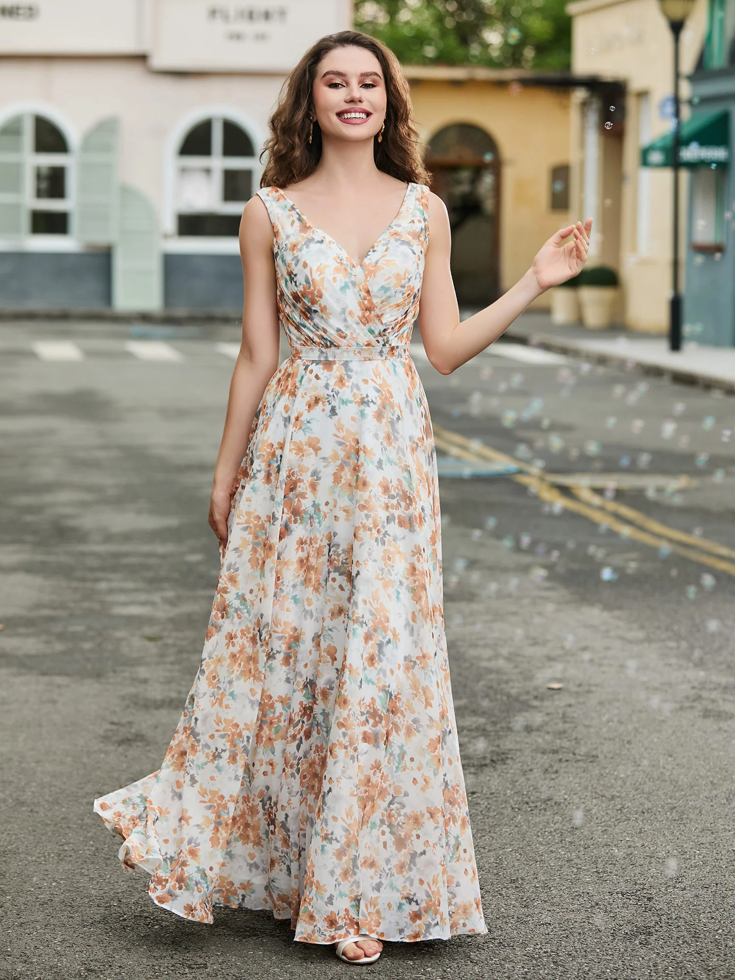 Long V Neck Chiffon Bridesmaid Dress Sunset Floral - Image 4
