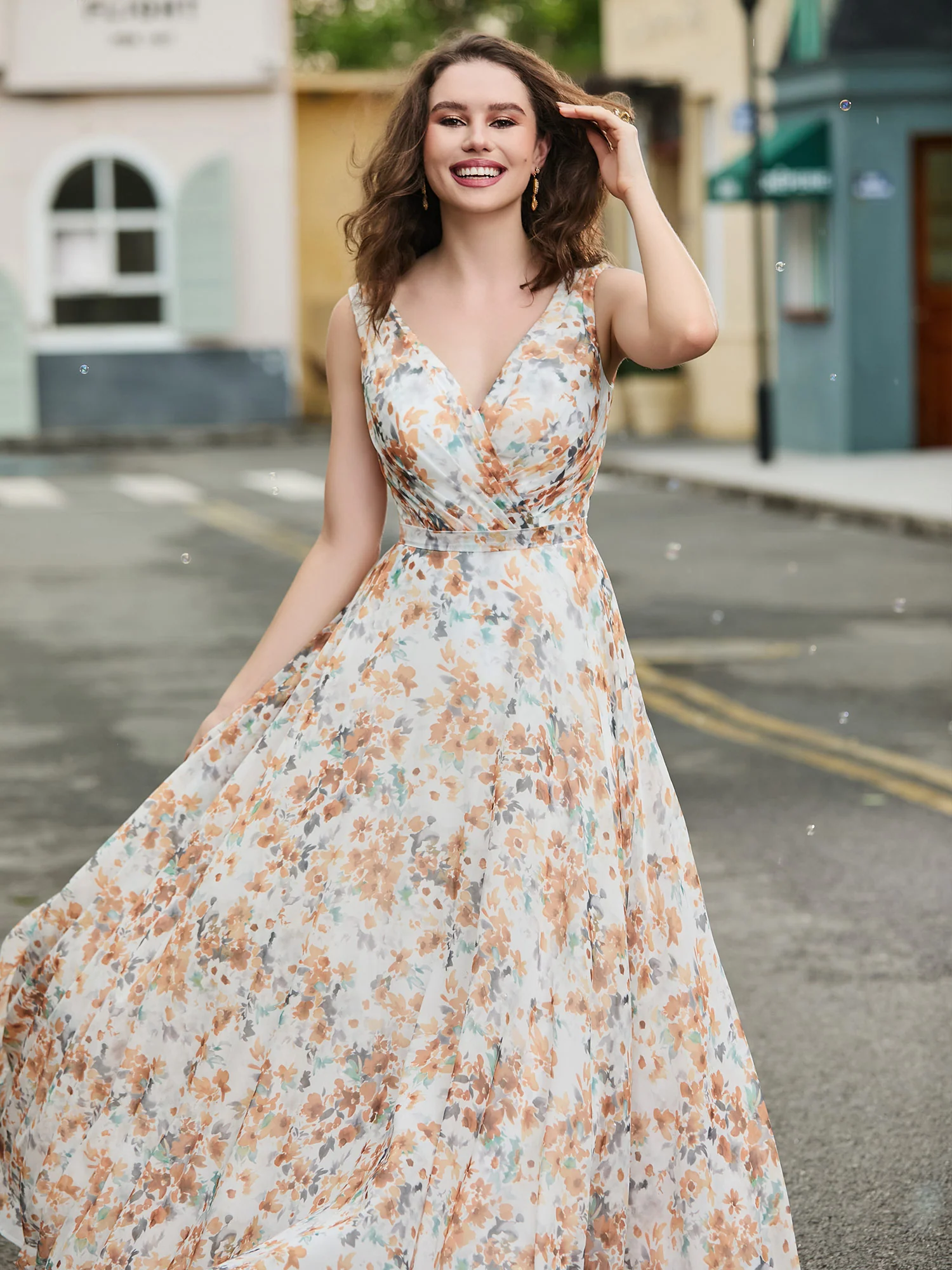 Long V Neck Chiffon Bridesmaid Dress Sunset Floral - Image 5