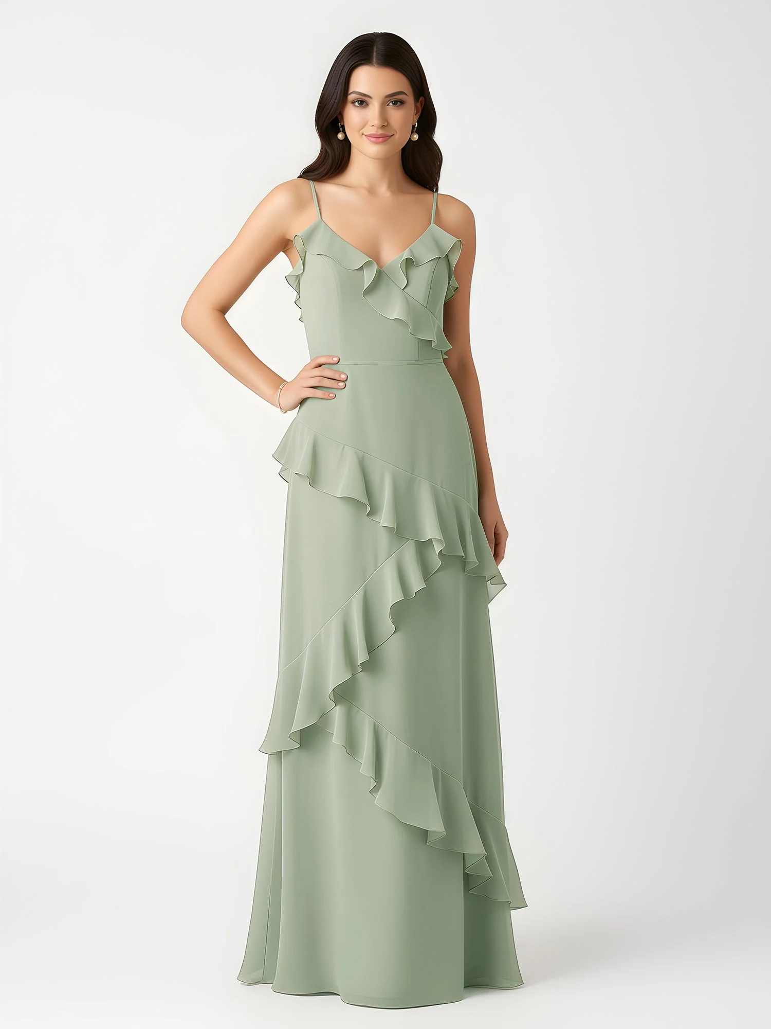V-Neck A-Line Floor Length Chiffon Ruffle Dresses Dusty Sage - Image 3