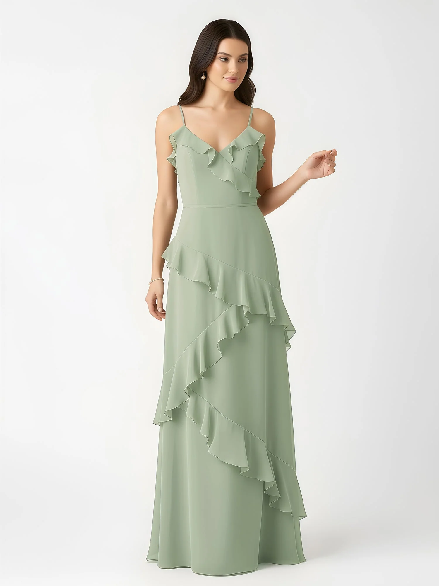 V-Neck A-Line Floor Length Chiffon Ruffle Dresses Dusty Sage - Image 4