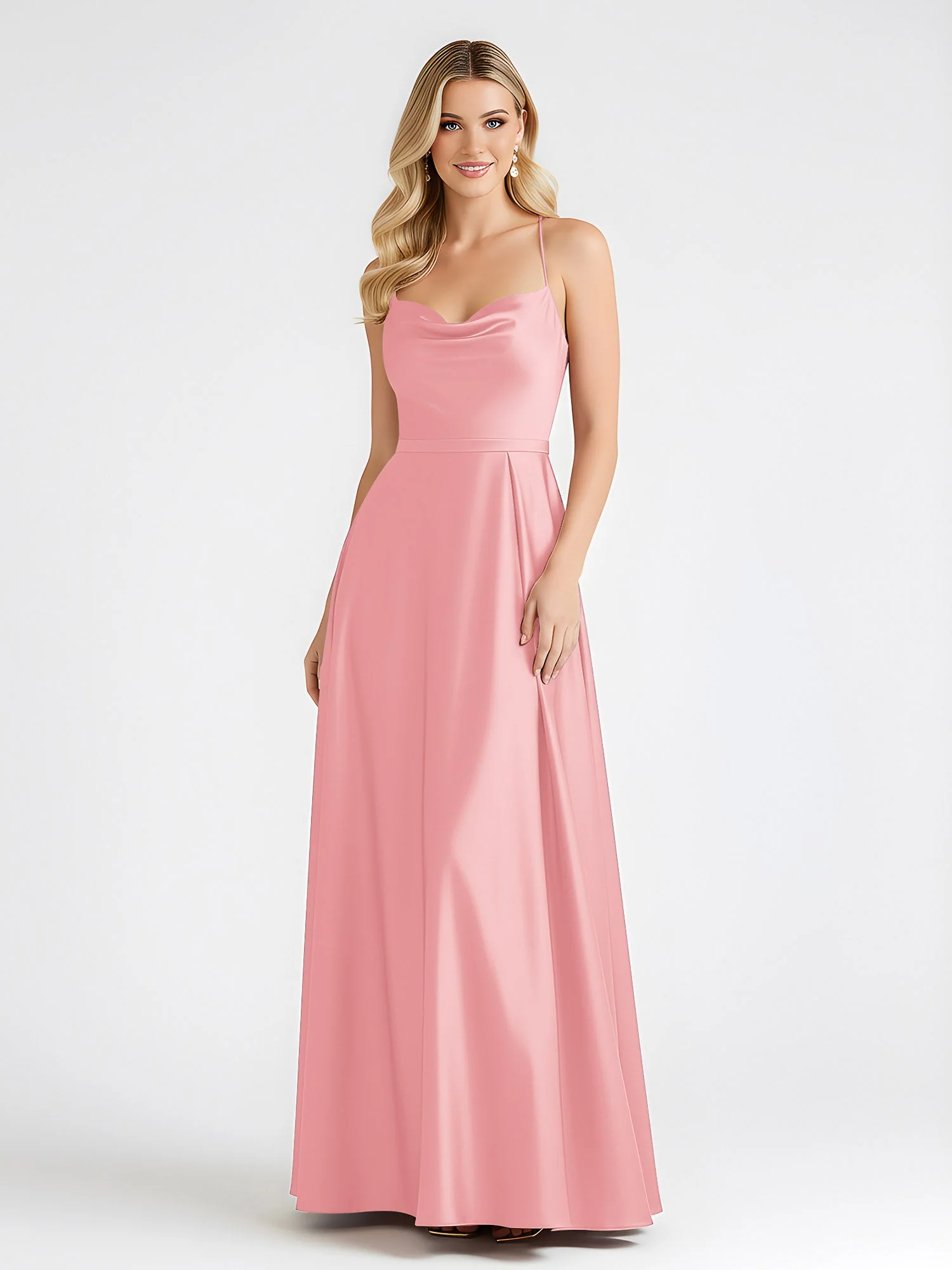 Cowl Neck Satin A-Line Floor Length Ruched Dresses Flamingo - Image 3