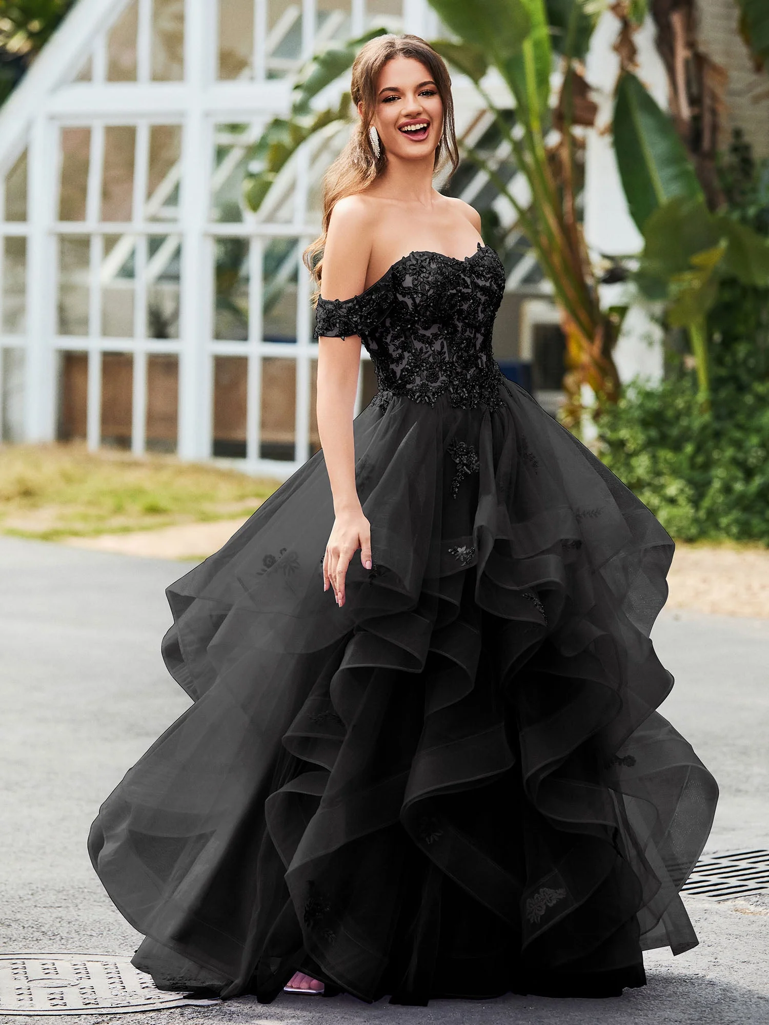 Off-the-shoulder Floral Appliqued Tulle Ball Gown Dress Black - Image 3