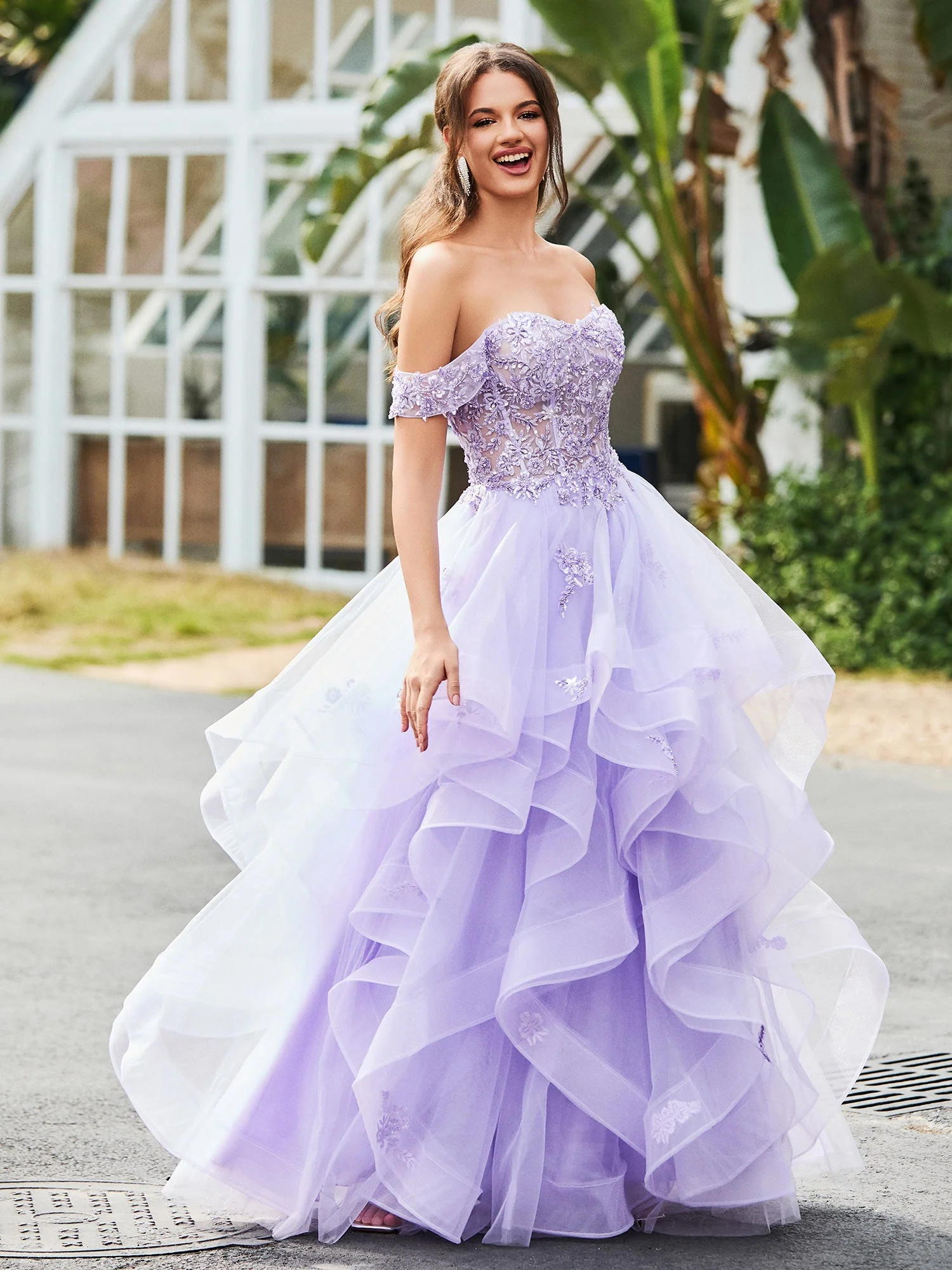 Off-the-shoulder Floral Appliqued Tulle Ball Gown Dress Lilac - Image 3