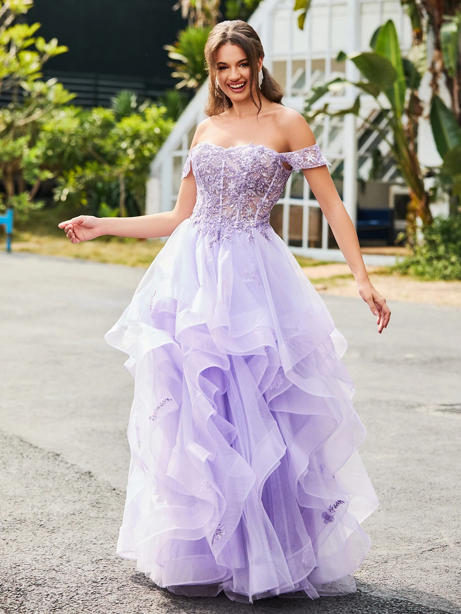 Off-the-shoulder Floral Appliqued Tulle Ball Gown Dress Lilac - Image 4