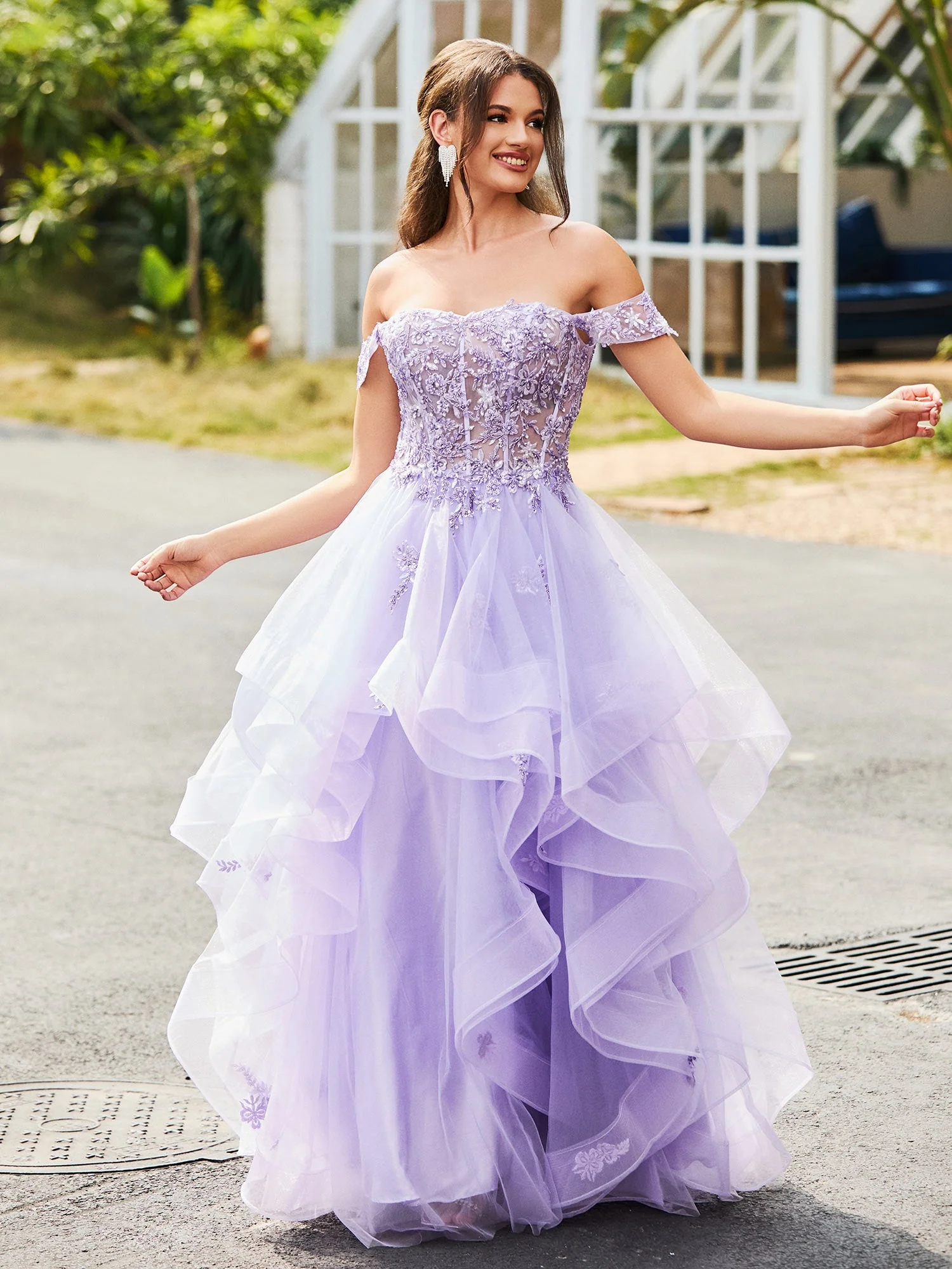 Off-the-shoulder Floral Appliqued Tulle Ball Gown Dress Lilac - Image 5