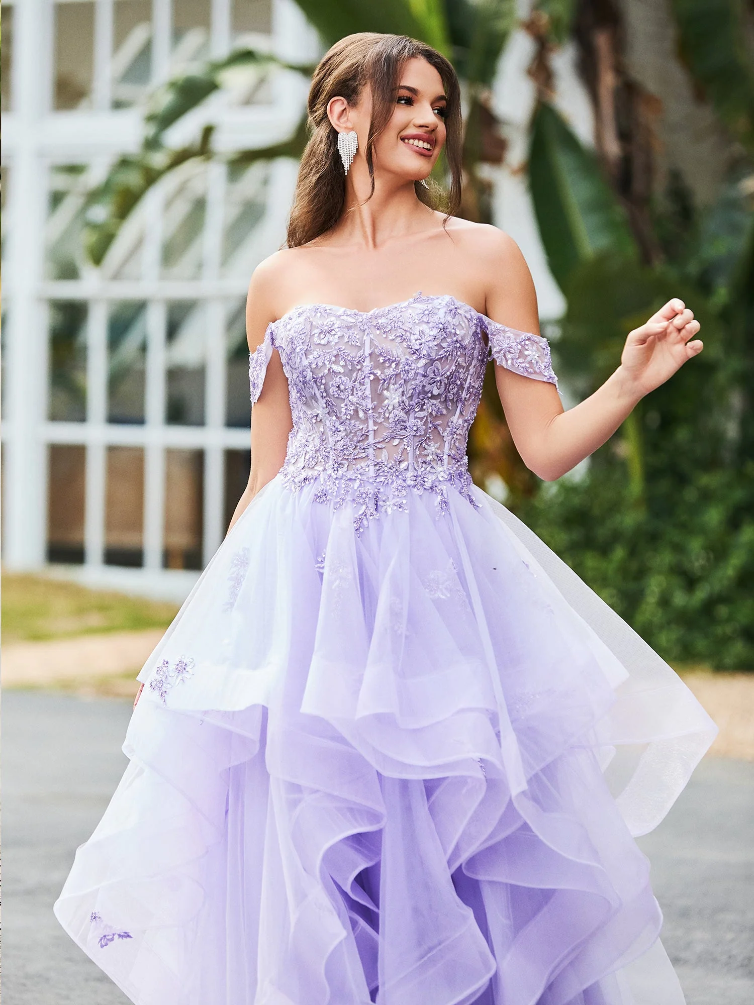 Off-the-shoulder Floral Appliqued Tulle Ball Gown Dress Lilac - Image 6