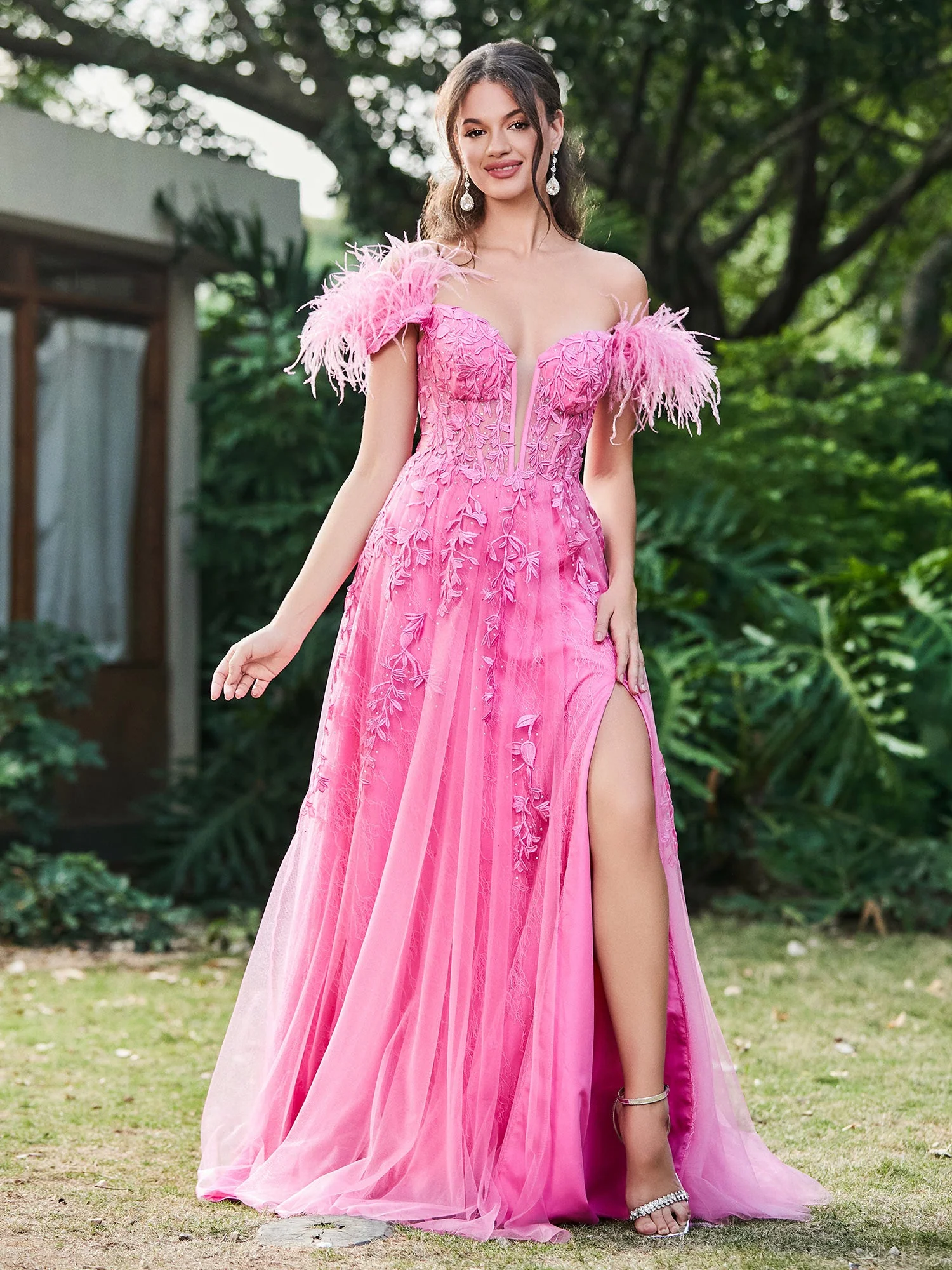 Off-the-Shoulder Lace Applique A-Line Dress with Side Slit and Feathers Azalea - Image 3