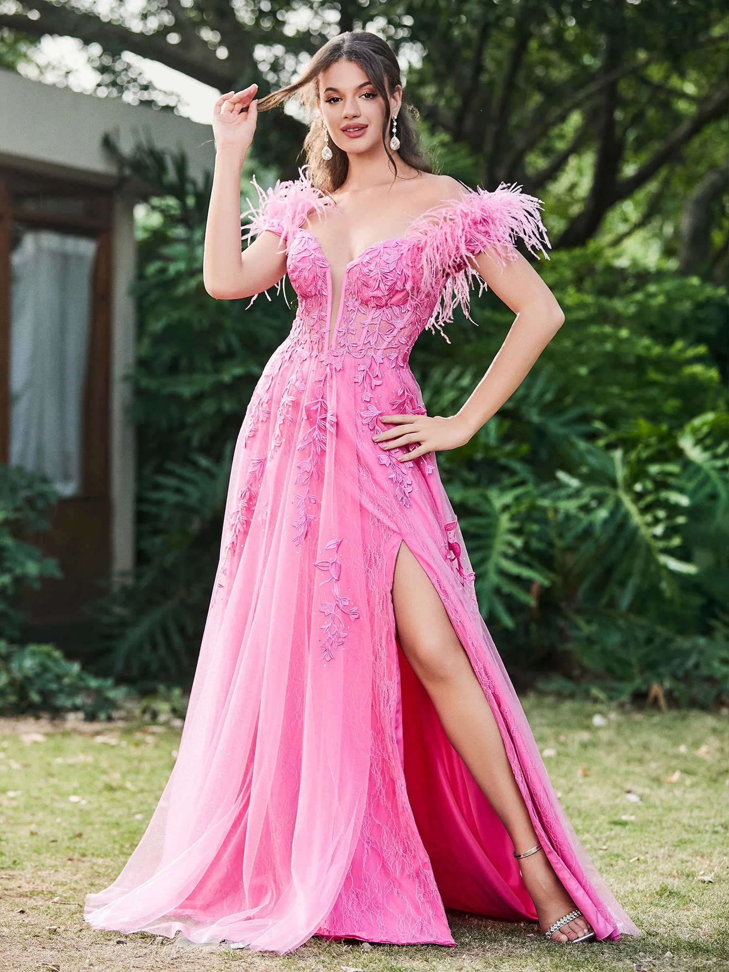 Off-the-Shoulder Lace Applique A-Line Dress with Side Slit and Feathers Azalea - Image 4