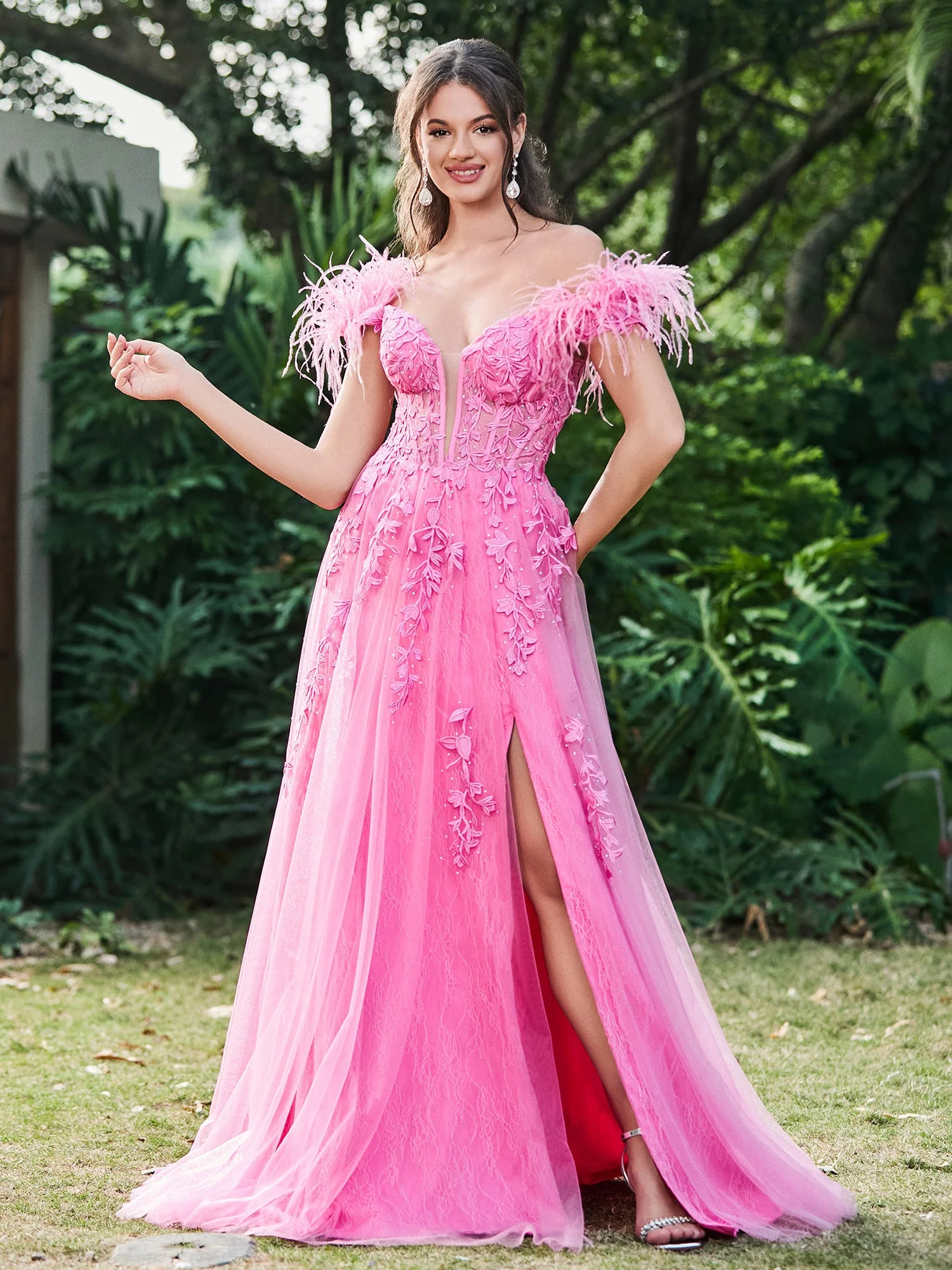 Off-the-Shoulder Lace Applique A-Line Dress with Side Slit and Feathers Azalea - Image 5