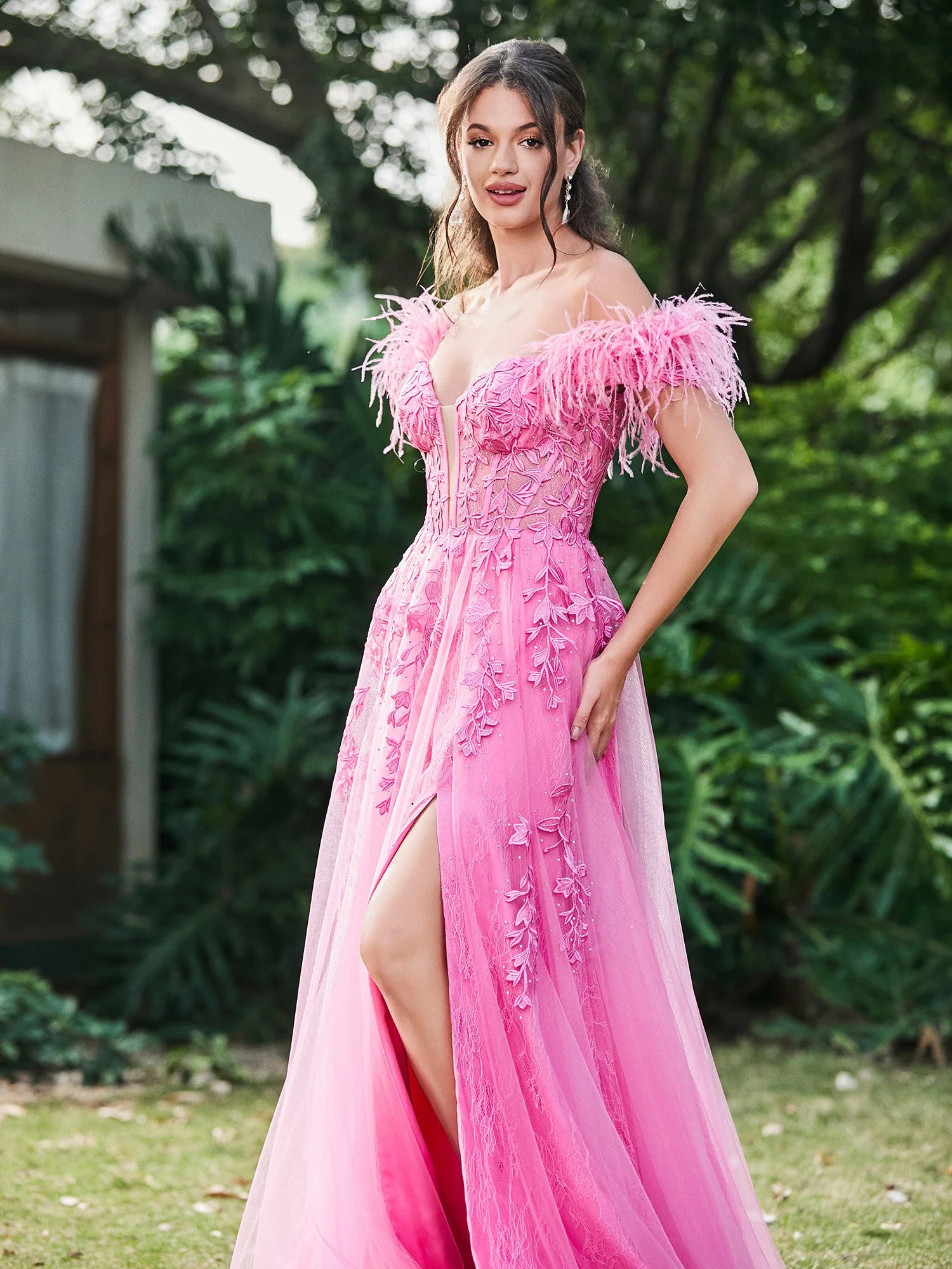 Off-the-Shoulder Lace Applique A-Line Dress with Side Slit and Feathers Azalea - Image 6