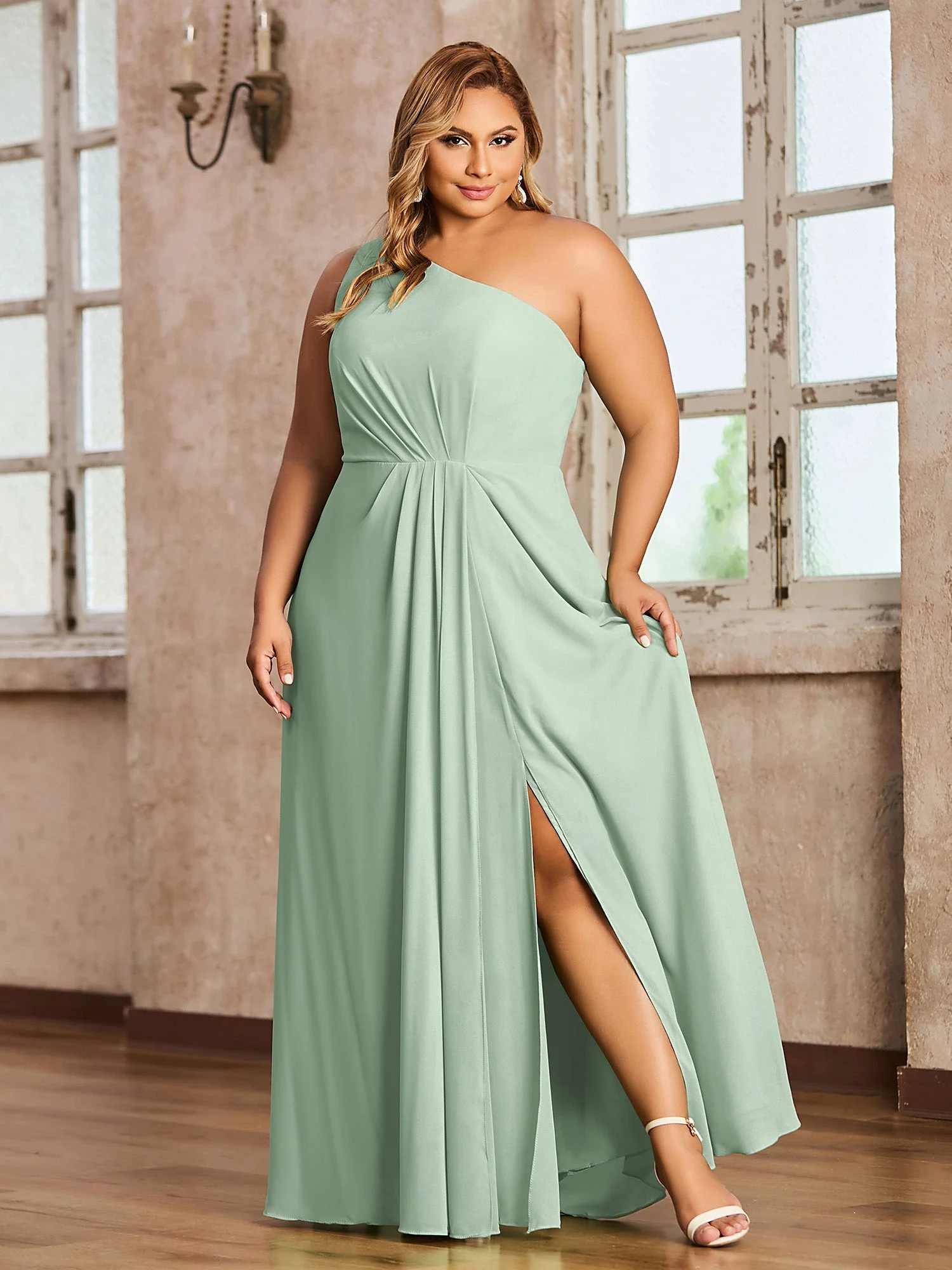 One Shoulder Long Chiffon Dresses with Slit Agave - Image 5