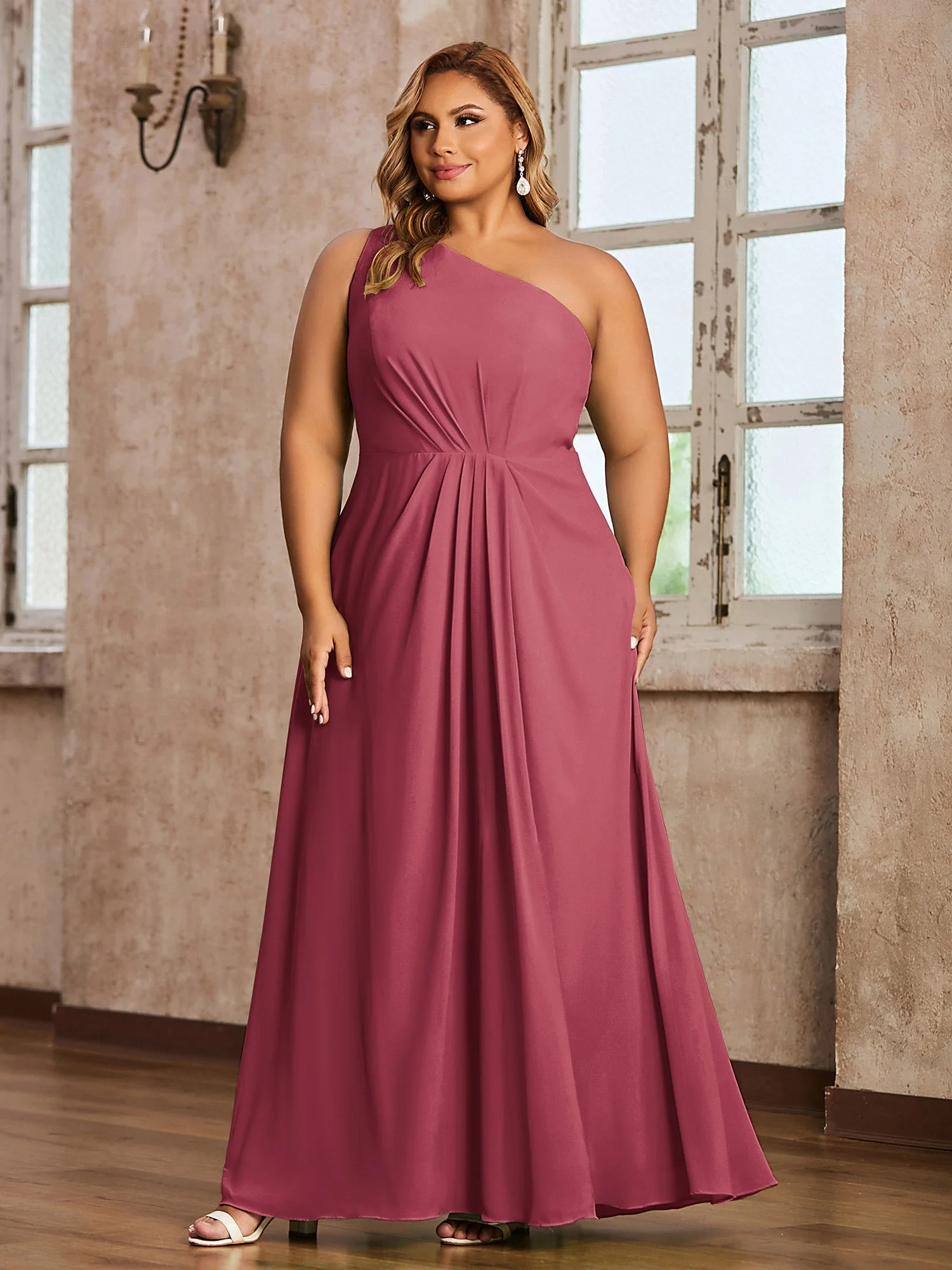 One Shoulder Long Chiffon Dresses with Slit Cinnamon Rose - Image 3