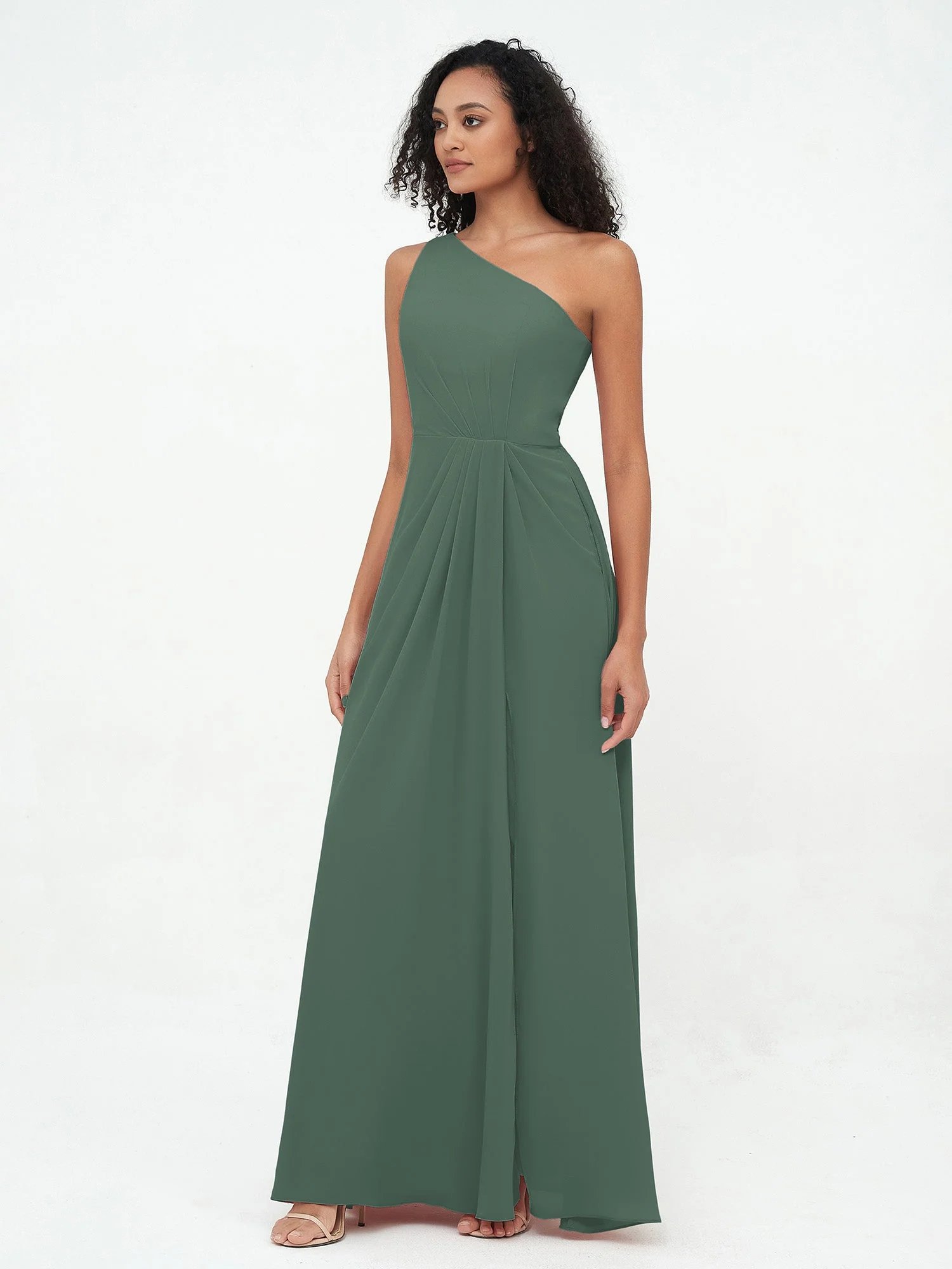 One Shoulder Long Chiffon Dresses with Slit Eucalyptus - Image 3