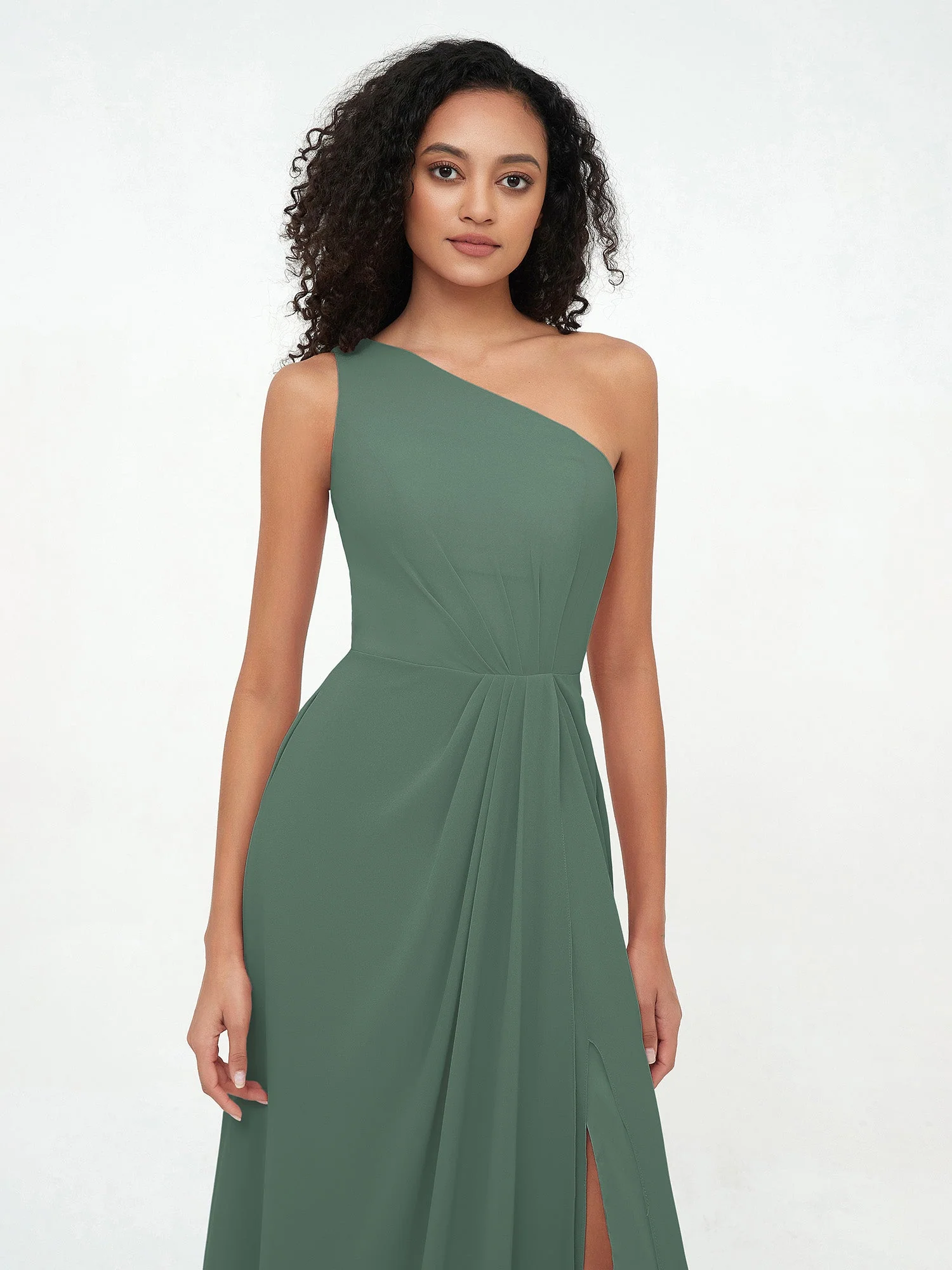 One Shoulder Long Chiffon Dresses with Slit Eucalyptus - Image 4