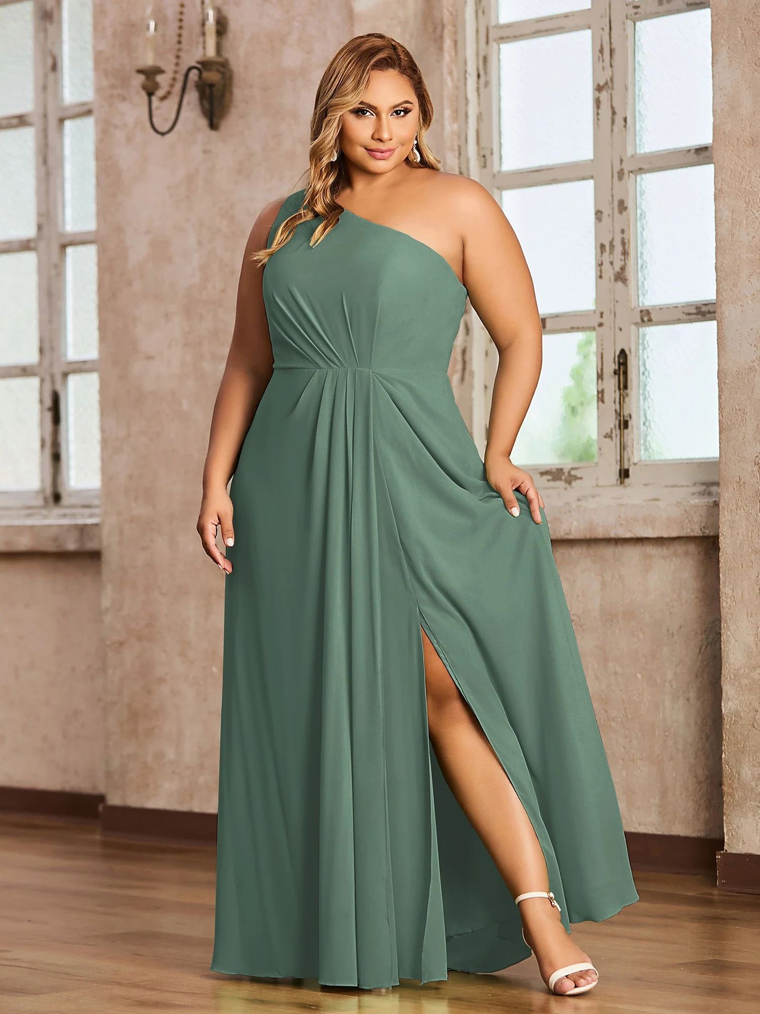 One Shoulder Long Chiffon Dresses with Slit Eucalyptus - Image 5