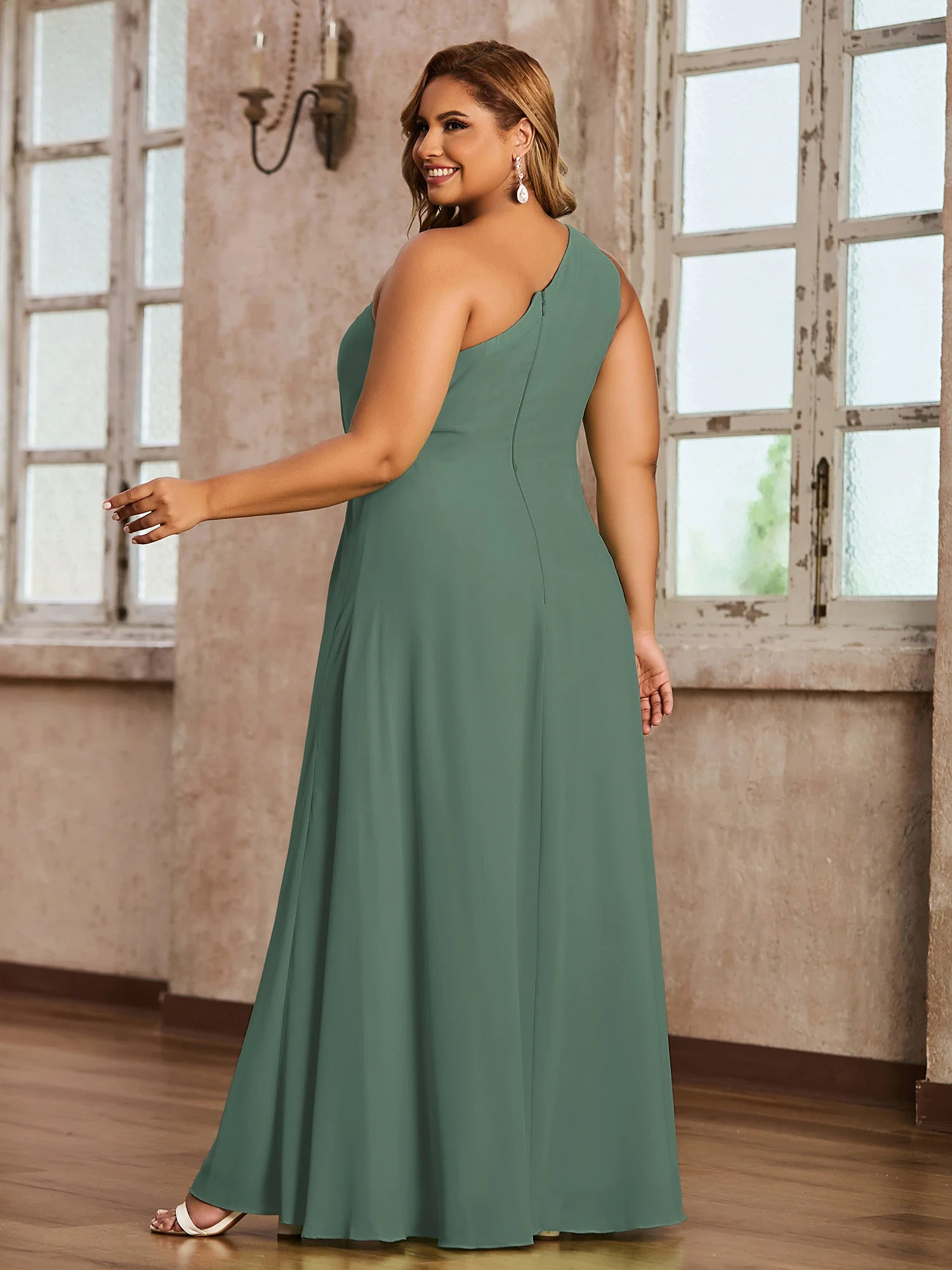 One Shoulder Long Chiffon Dresses with Slit Eucalyptus - Image 6