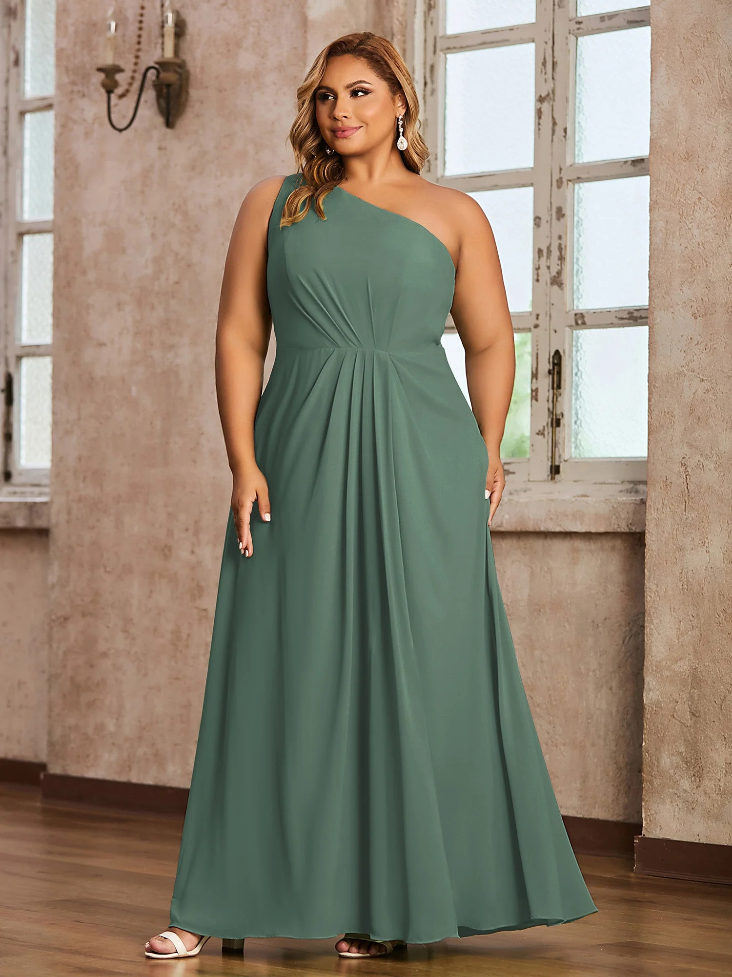 One Shoulder Long Chiffon Dresses with Slit Eucalyptus - Image 7