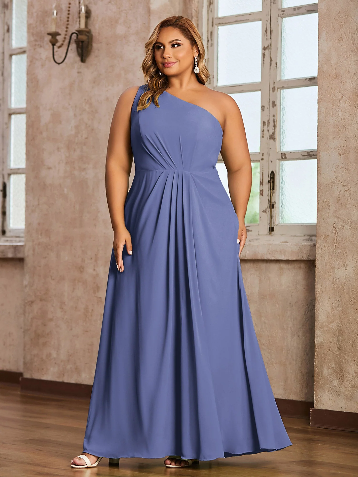 One Shoulder Long Chiffon Dresses with Slit Periwinkle - Image 3