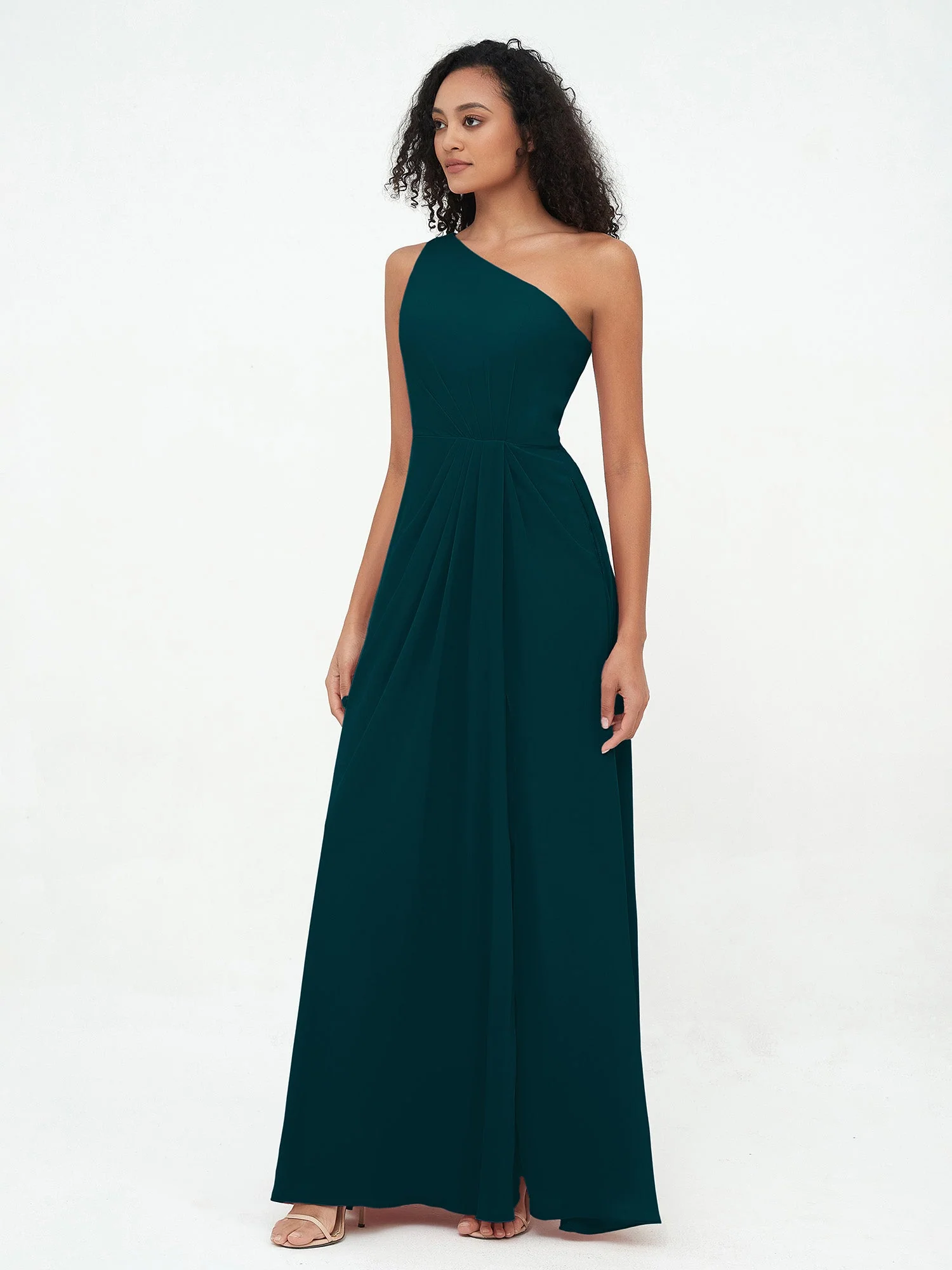 One Shoulder Long Chiffon Dresses with Slit Pine - Image 3