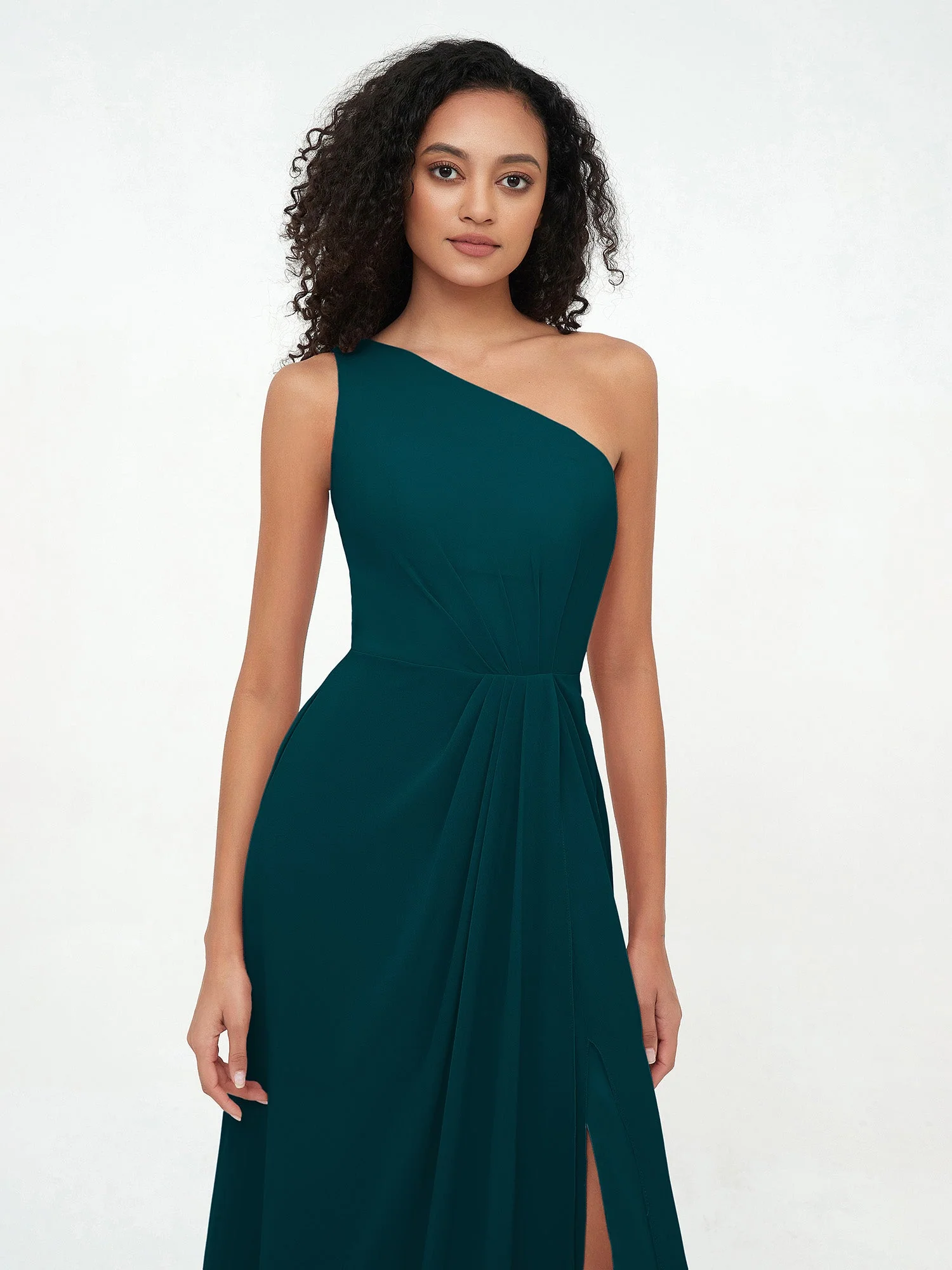 One Shoulder Long Chiffon Dresses with Slit Pine - Image 4