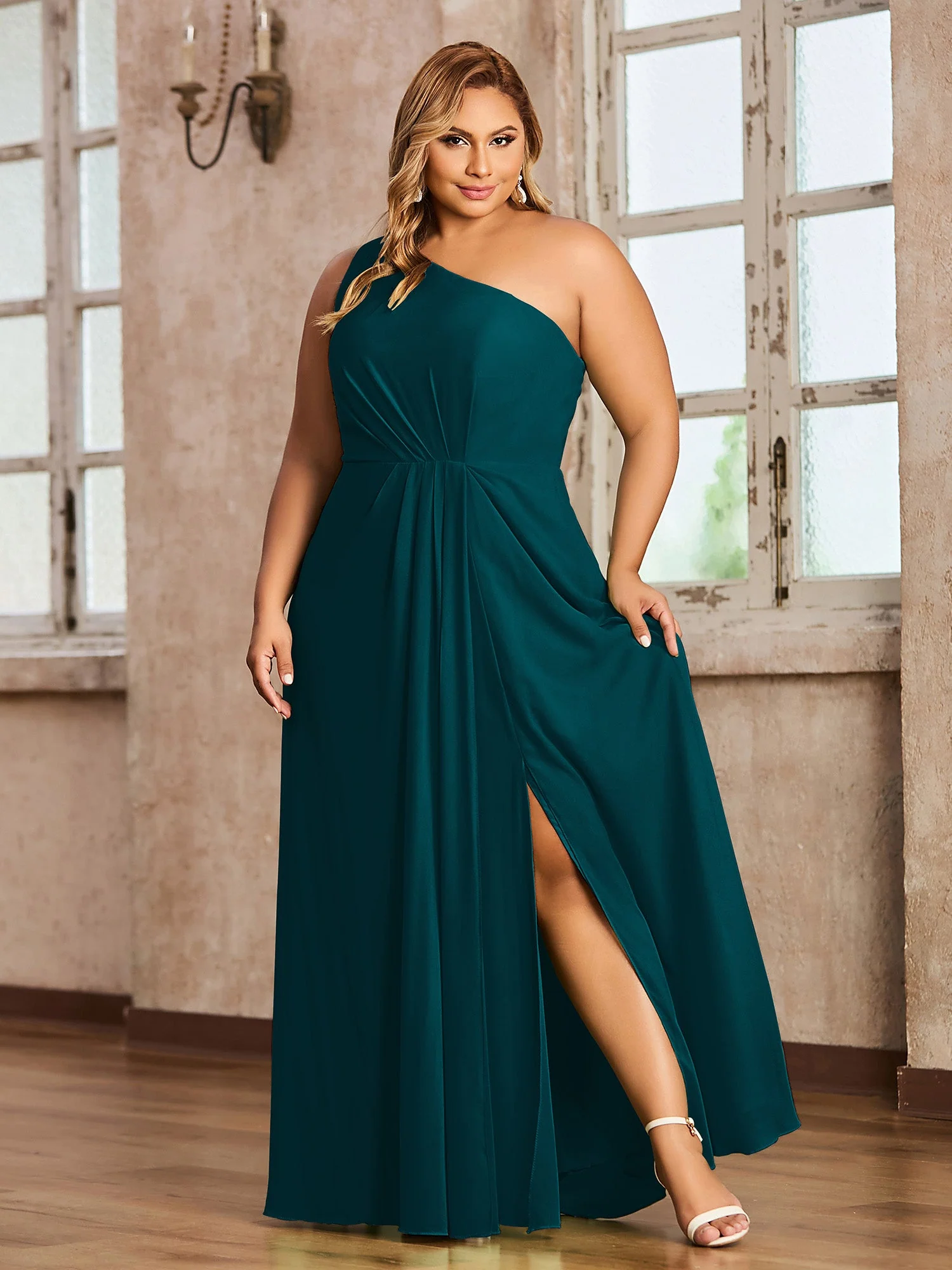 One Shoulder Long Chiffon Dresses with Slit Pine - Image 5