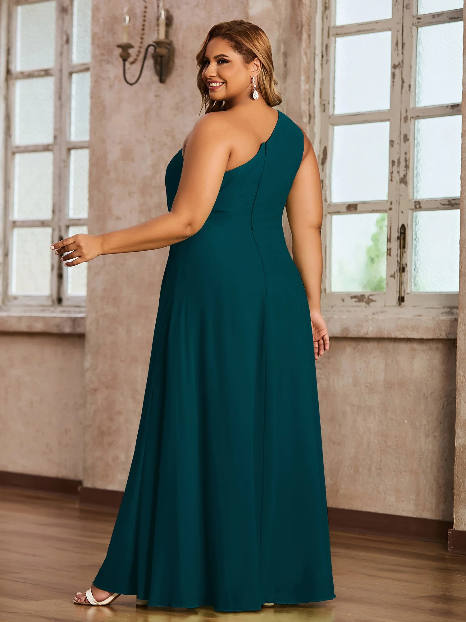One Shoulder Long Chiffon Dresses with Slit Pine - Image 6