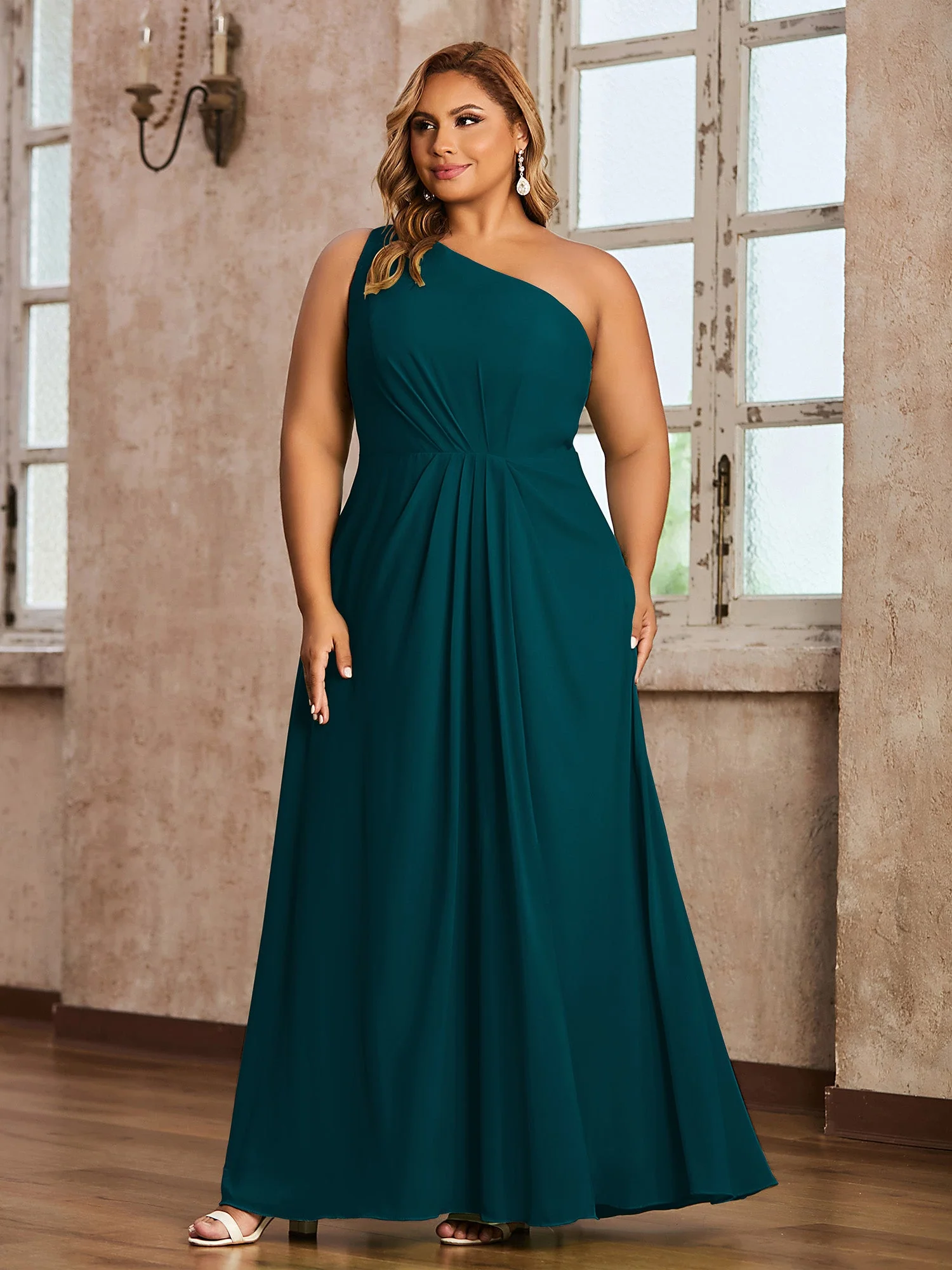 One Shoulder Long Chiffon Dresses with Slit Pine - Image 7