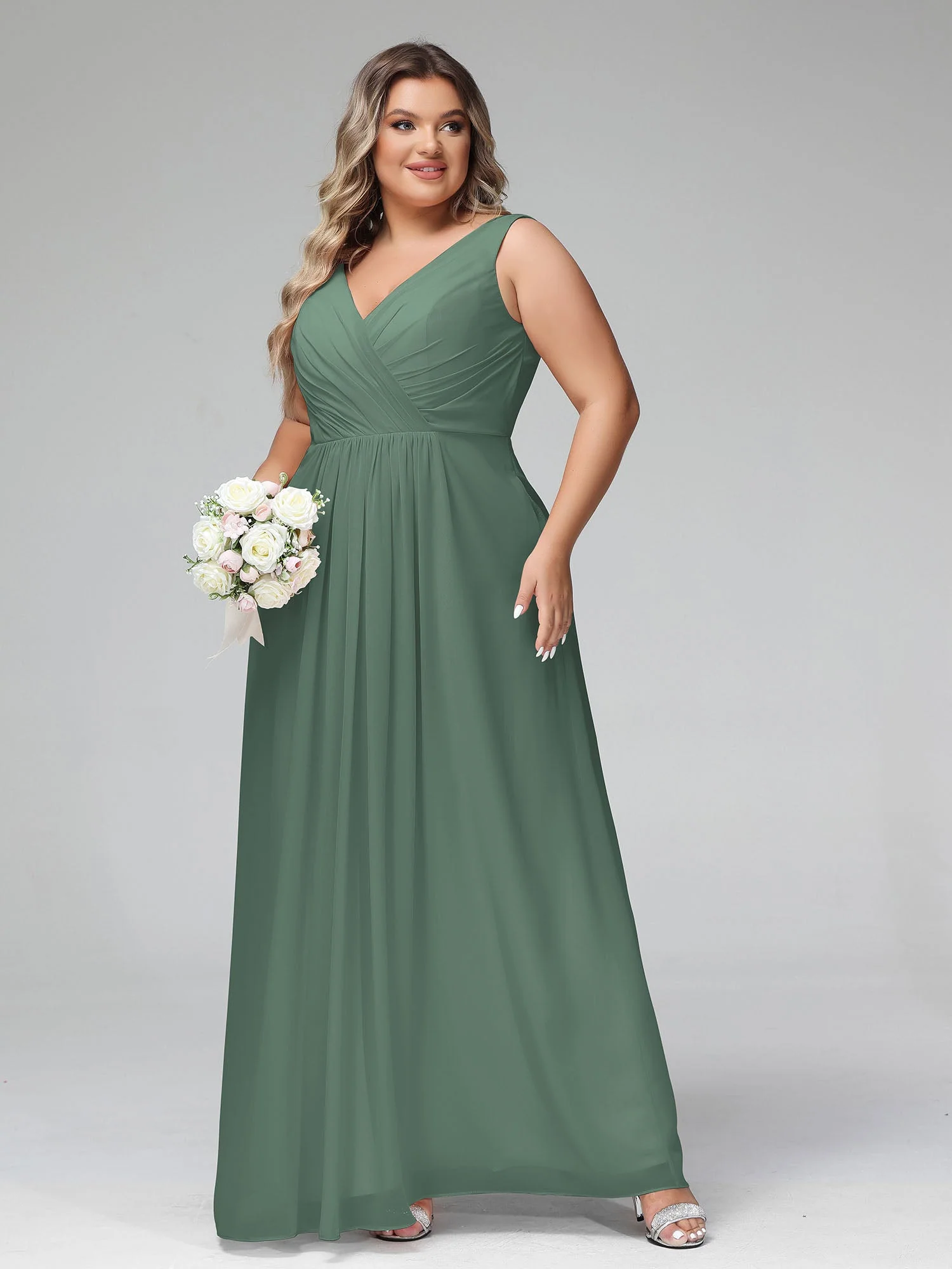 Open Back Chiffon Dresses with Deep V-neck Eucalyptus - Image 10