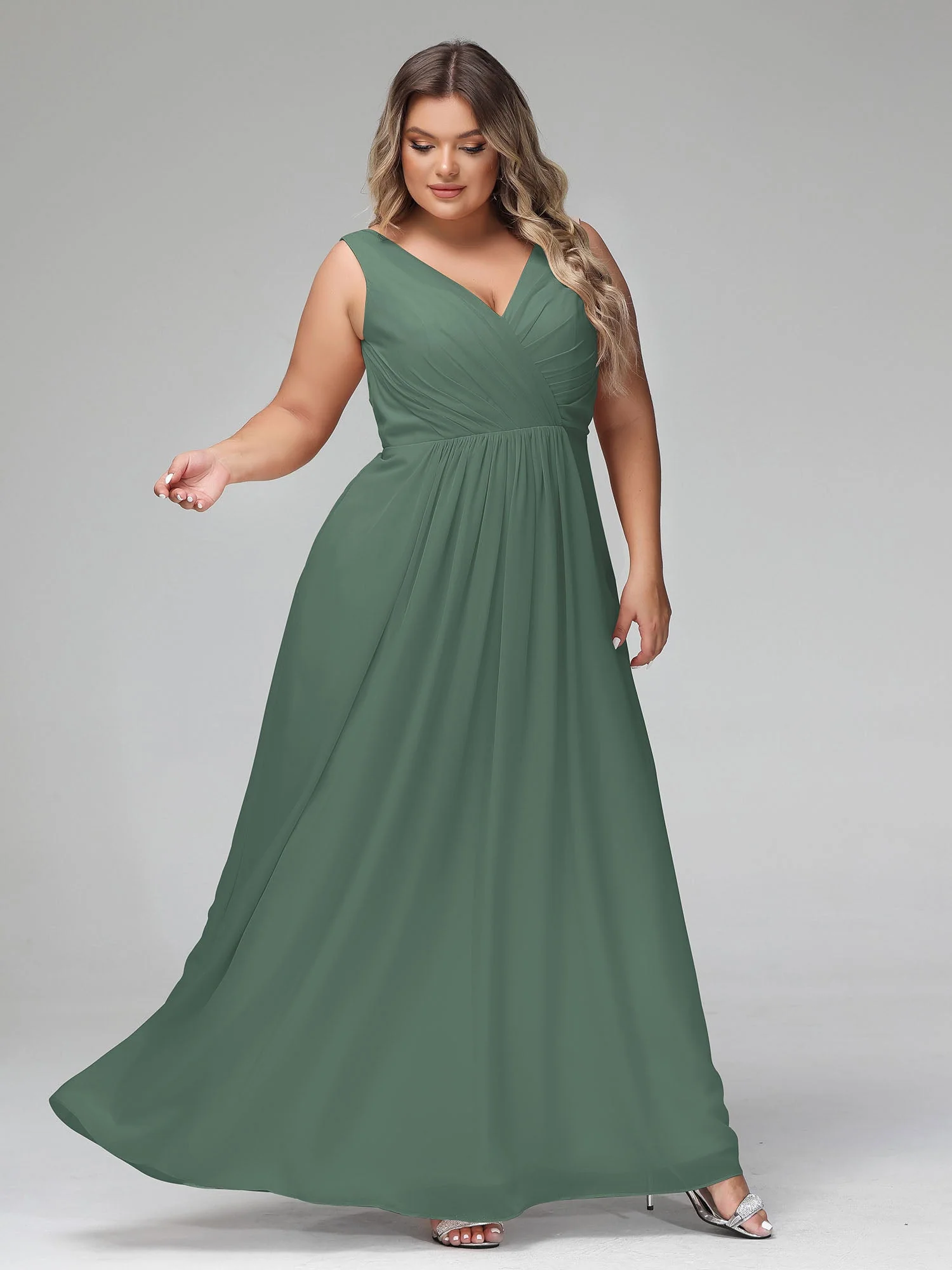Open Back Chiffon Dresses with Deep V-neck Eucalyptus - Image 11