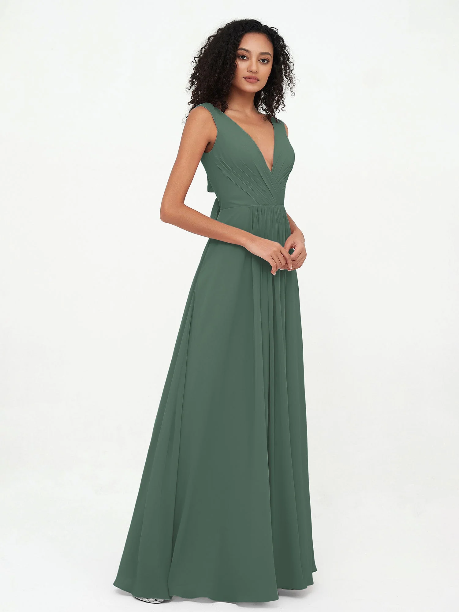 Open Back Chiffon Dresses with Deep V-neck Eucalyptus - Image 3