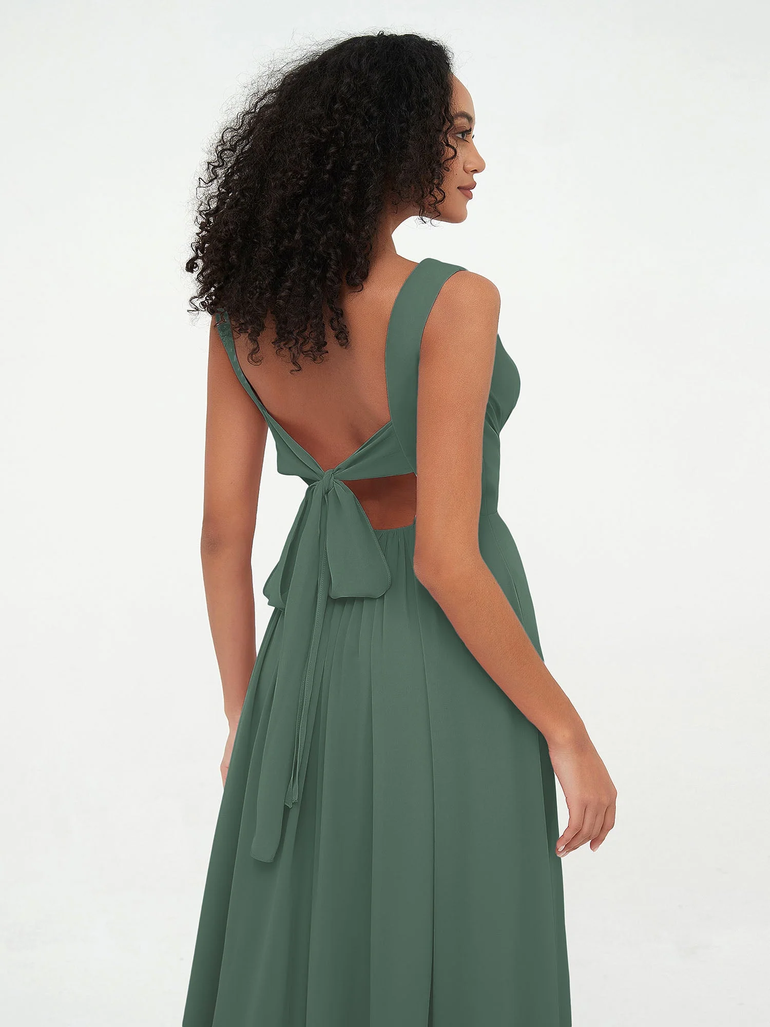 Open Back Chiffon Dresses with Deep V-neck Eucalyptus - Image 5